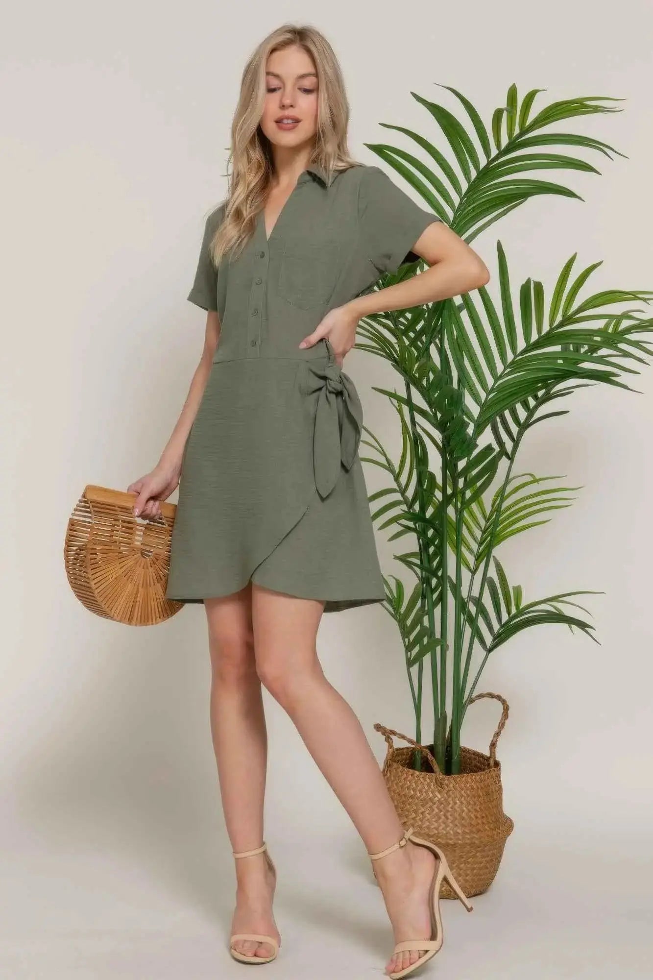Button Down Side Bow Linen Effect Mini Dress - Mr Lou’s Place