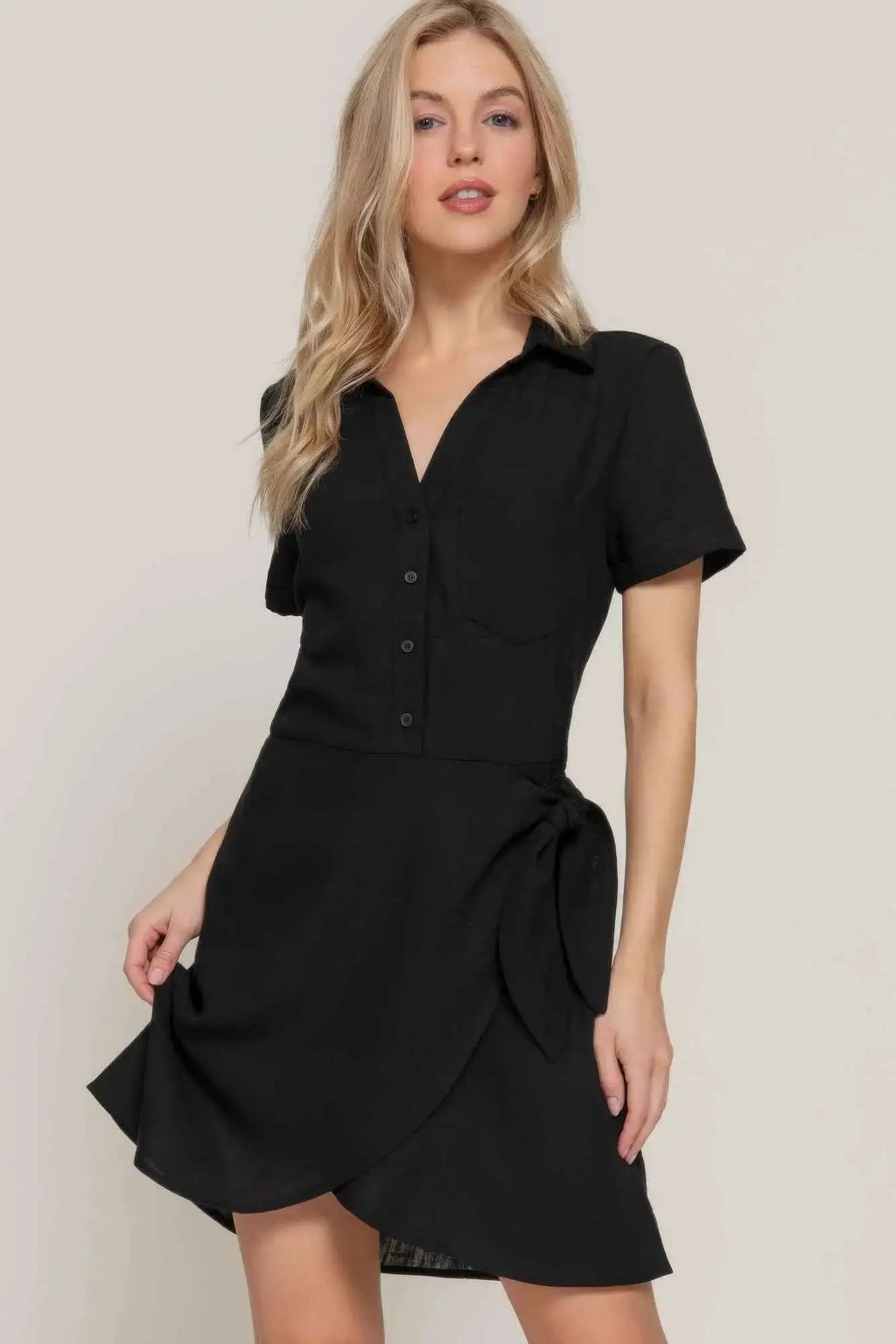 Button Down Side Bow Linen Effect Mini Dress - Mr Lou’s Place