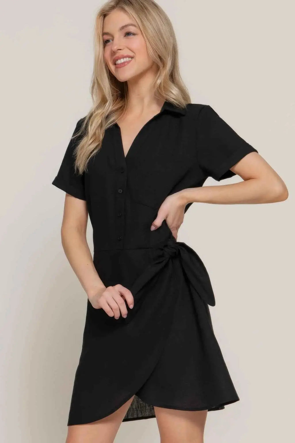 Button Down Side Bow Linen Effect Mini Dress - Mr Lou’s Place