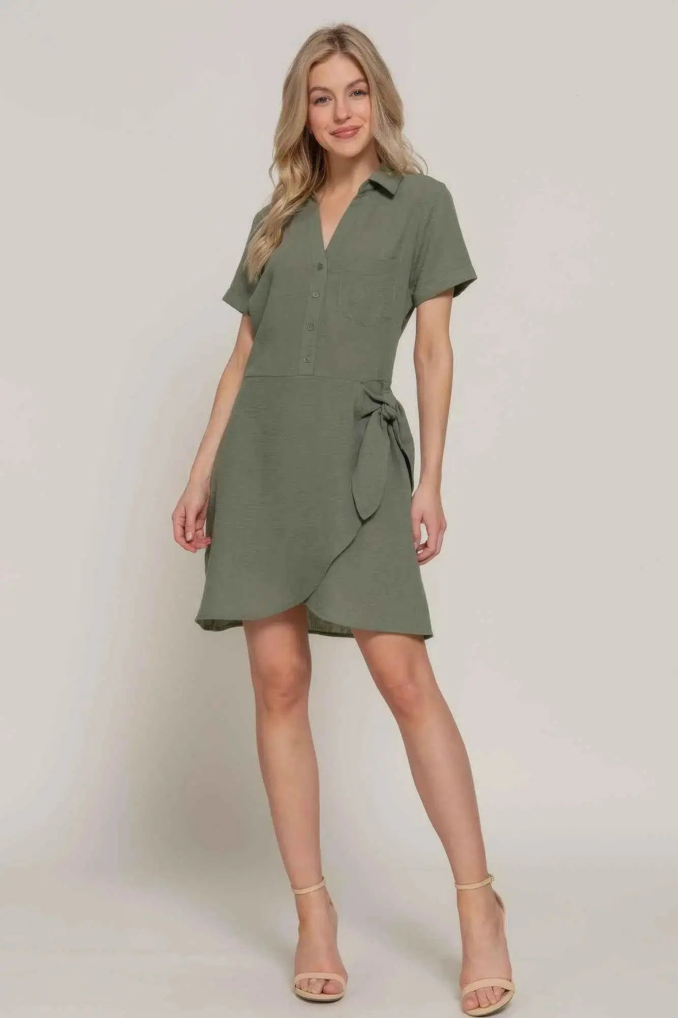 Button Down Side Bow Linen Effect Mini Dress - Mr Lou’s Place