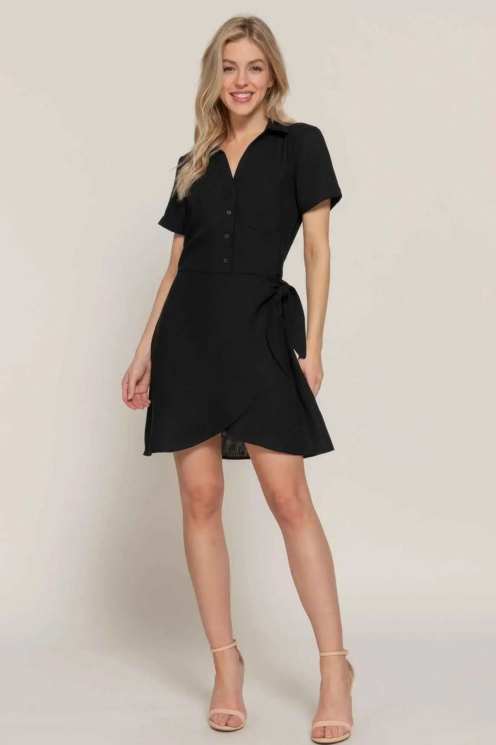 Button Down Side Bow Linen Effect Mini Dress - Mr Lou’s Place
