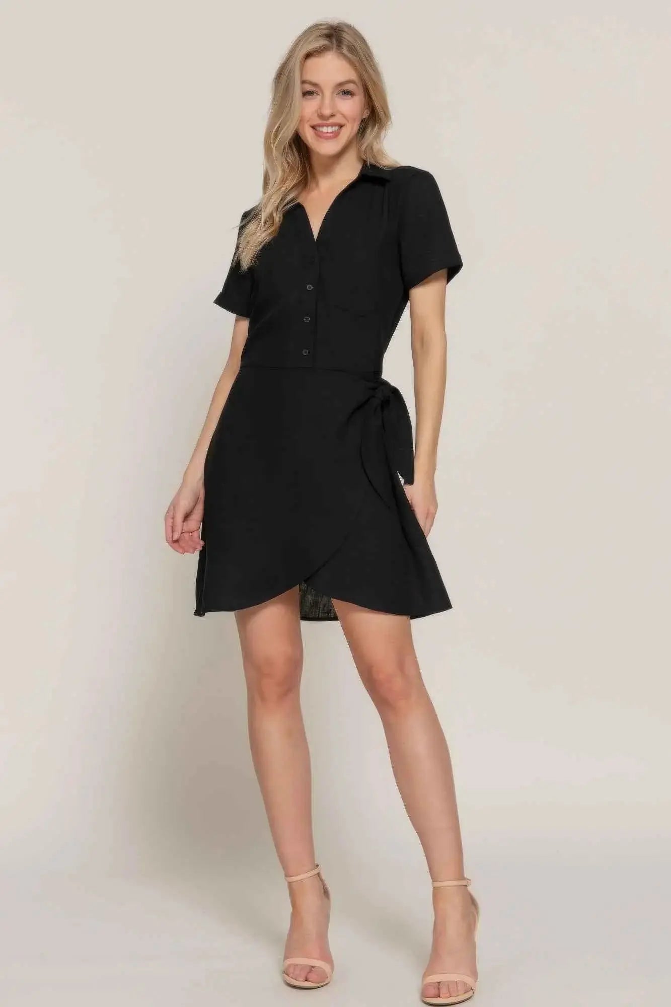 Button Down Side Bow Linen Effect Mini Dress - Mr Lou’s Place