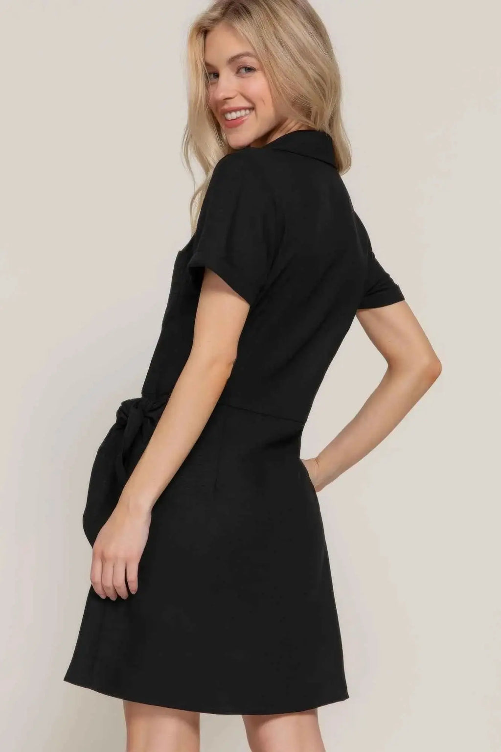 Button Down Side Bow Linen Effect Mini Dress - Mr Lou’s Place