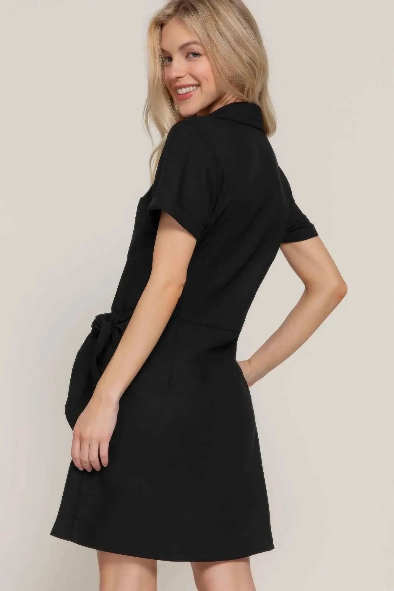 Button Down Side Bow Linen Effect Mini Dress - Mr Lou’s Place