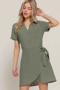 Button Down Side Bow Linen Effect Mini Dress - Mr Lou’s Place