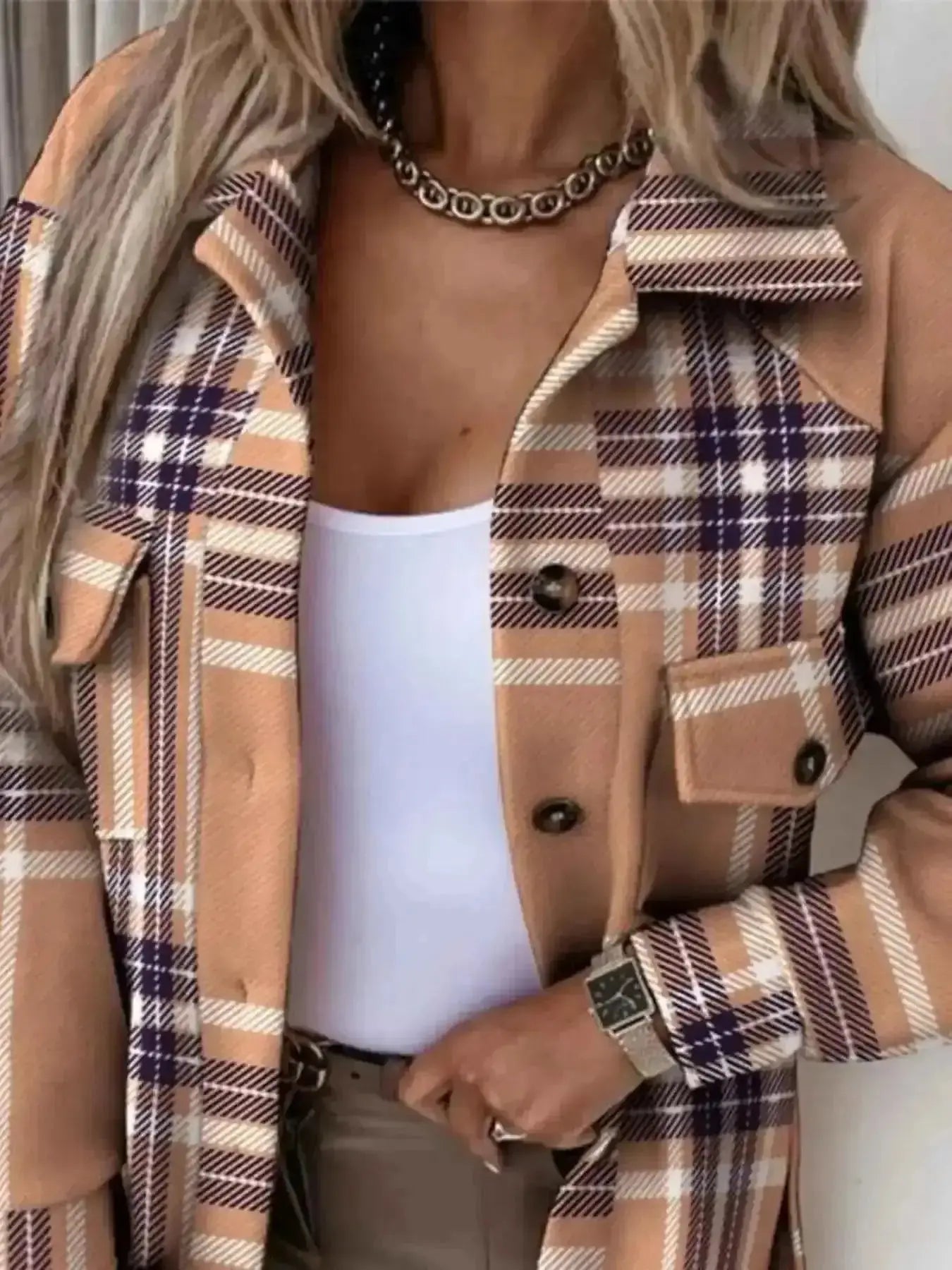 Button Up Long Sleeve Plaid Outerwear - Mr Lou’s Place