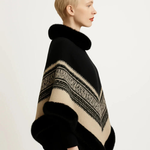 Chevron Trim Poncho With Faux Fur Collar - Mr Lou’s Place
