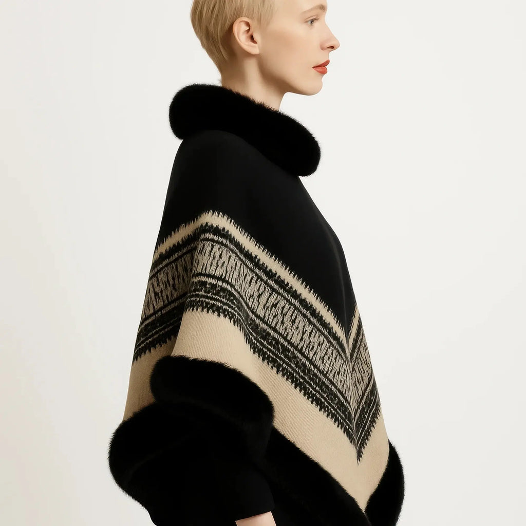 Chevron Trim Poncho With Faux Fur Collar - Mr Lou’s Place