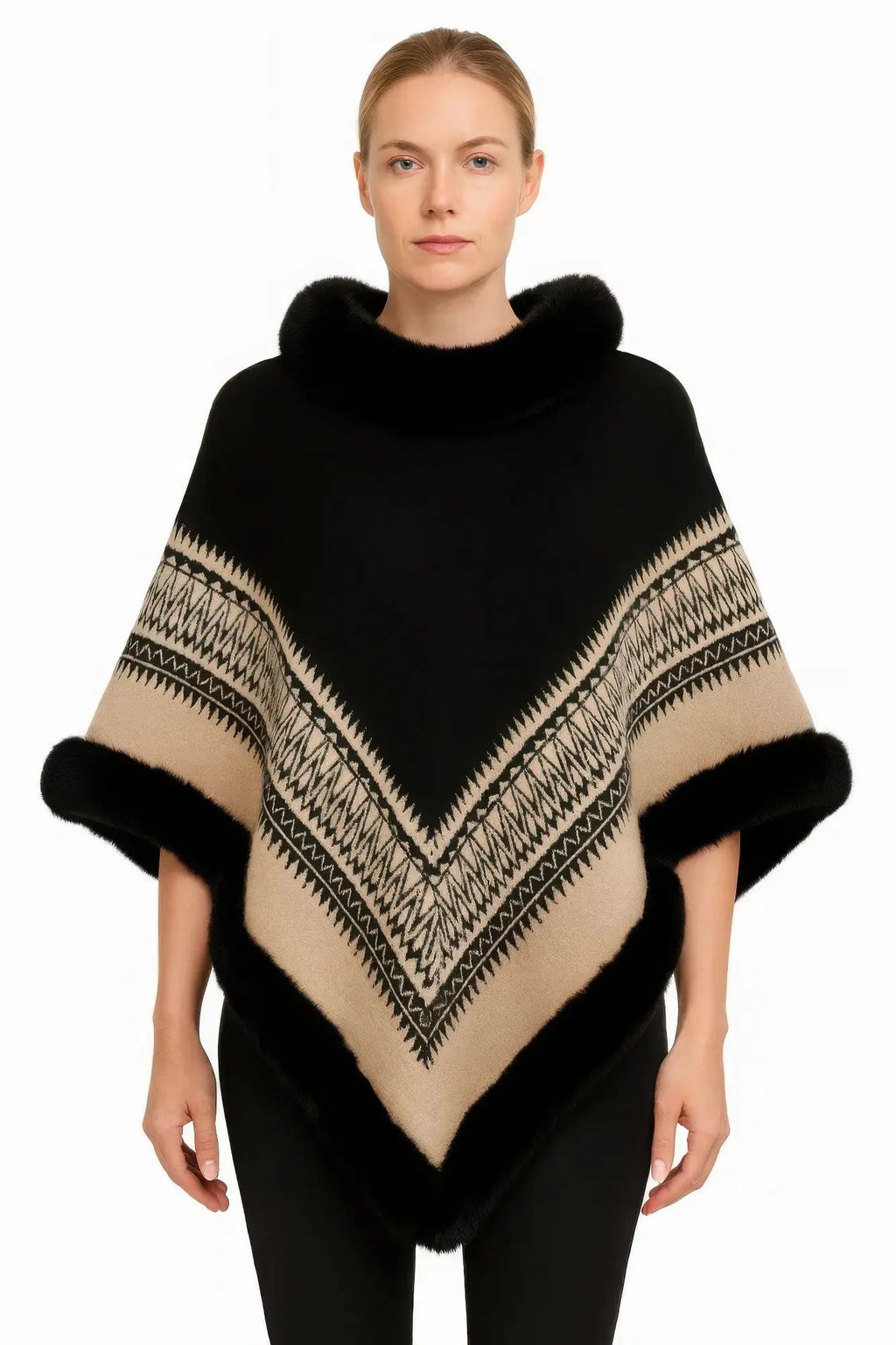 Chevron Trim Poncho With Faux Fur Collar - Mr Lou’s Place