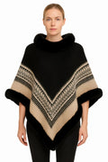 Chevron Trim Poncho With Faux Fur Collar - Mr Lou’s Place