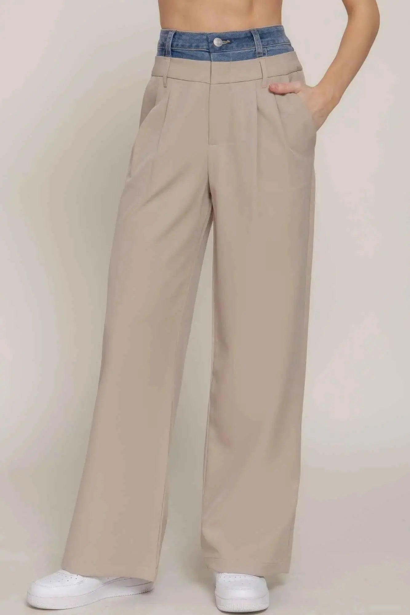 Contrast Denim Waist Straight Long Pants - Mr Lou’s Place