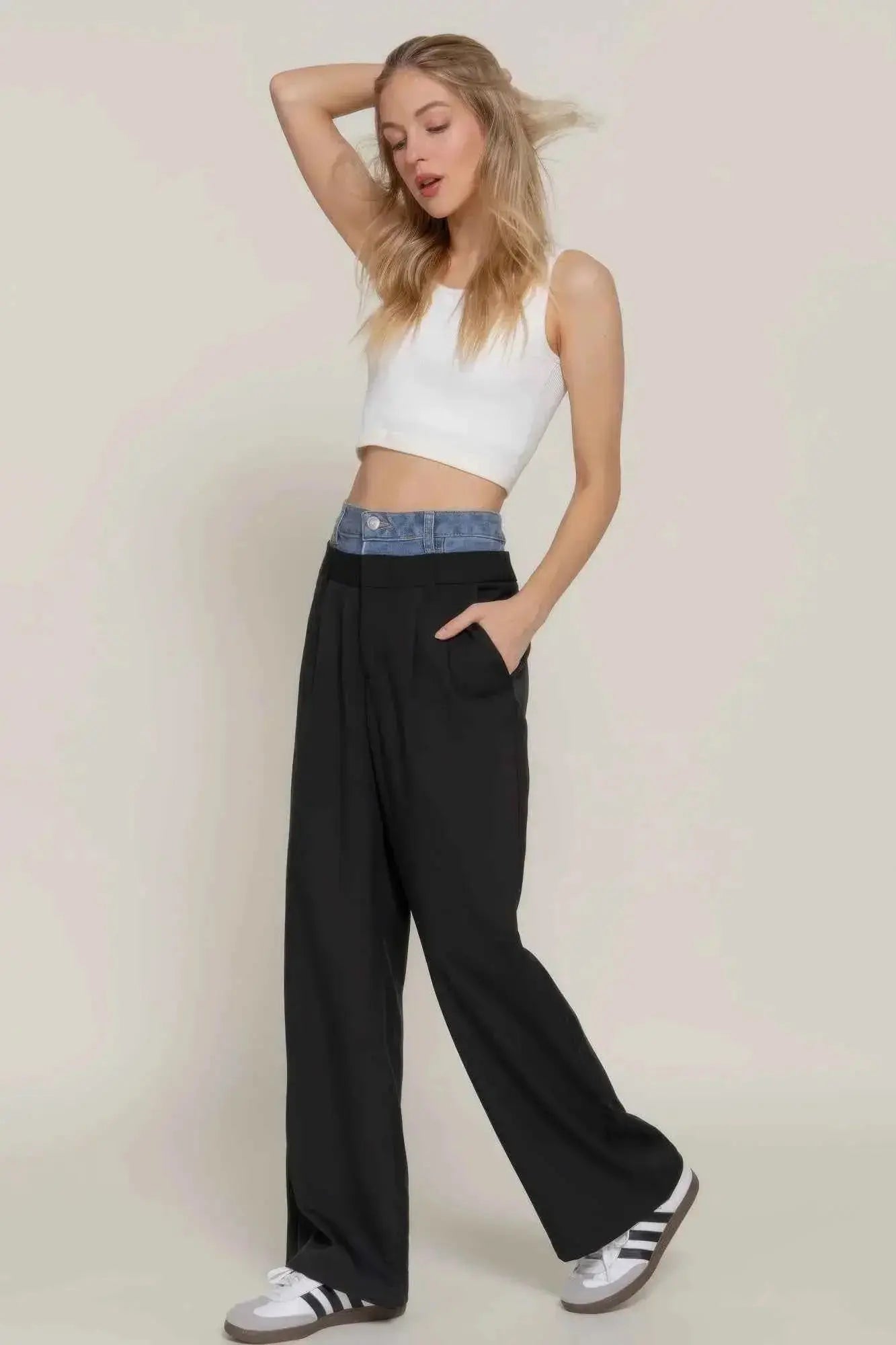Contrast Denim Waist Straight Long Pants - Mr Lou’s Place
