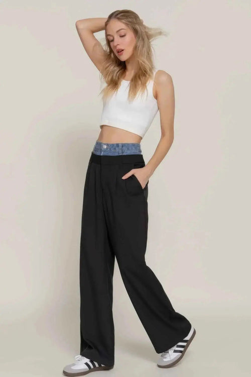 Contrast Denim Waist Straight Long Pants - Mr Lou’s Place