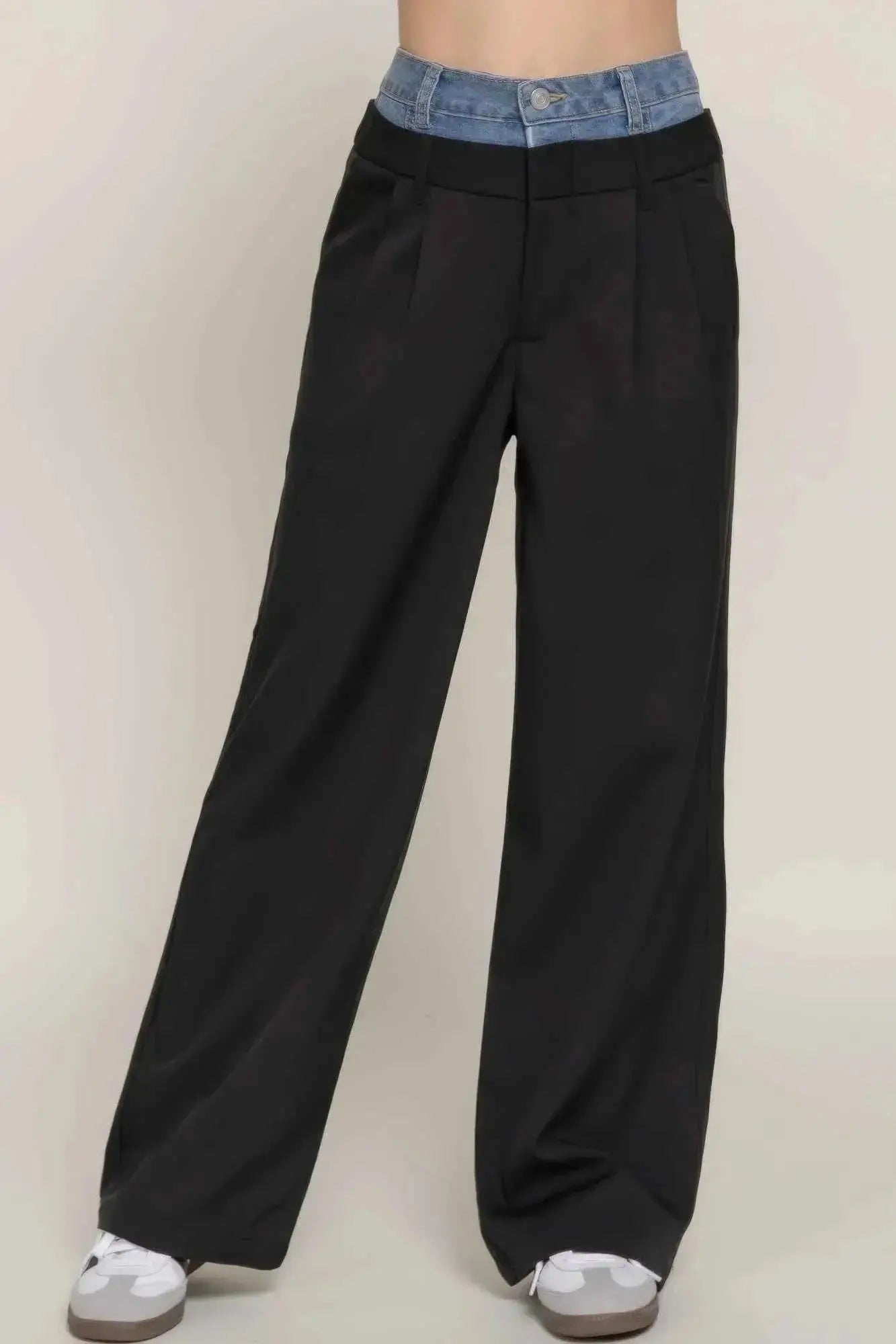 Contrast Denim Waist Straight Long Pants - Mr Lou’s Place