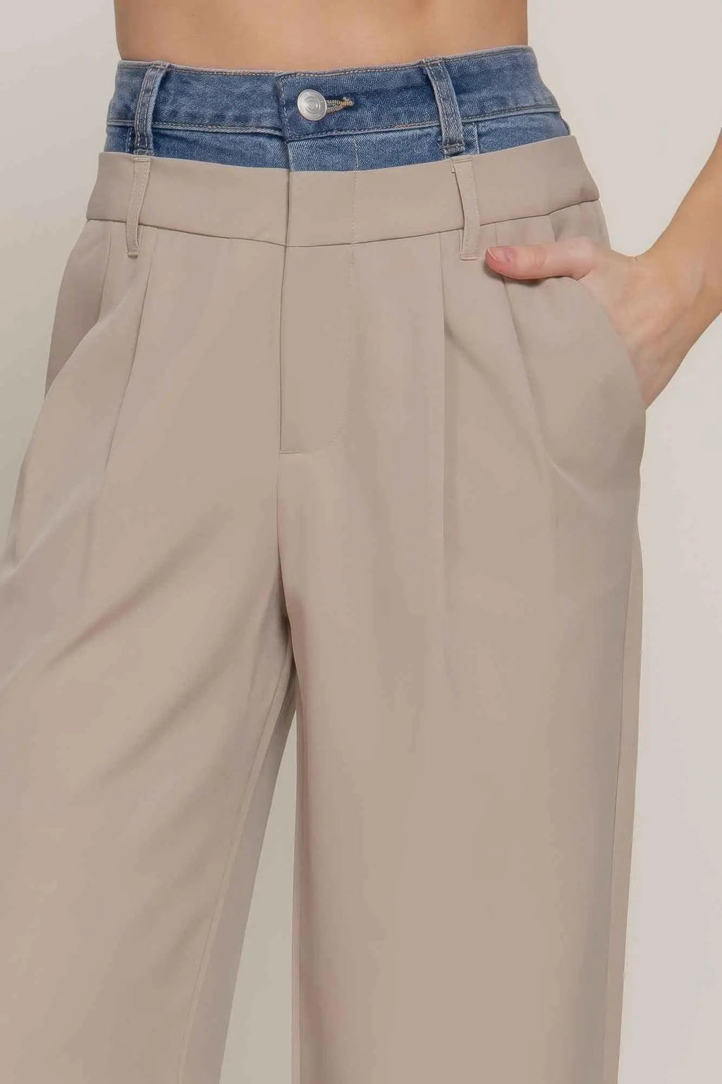 Contrast Denim Waist Straight Long Pants - Mr Lou’s Place