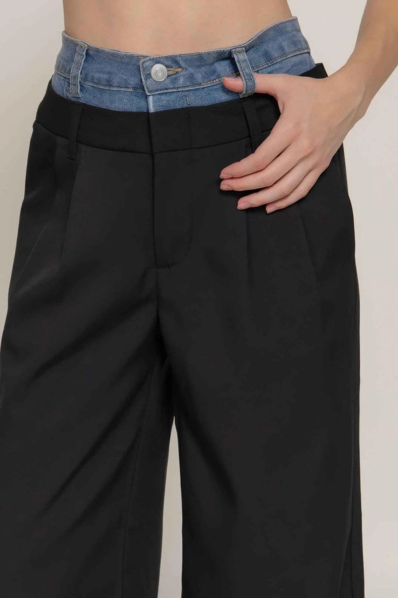Contrast Denim Waist Straight Long Pants - Mr Lou’s Place