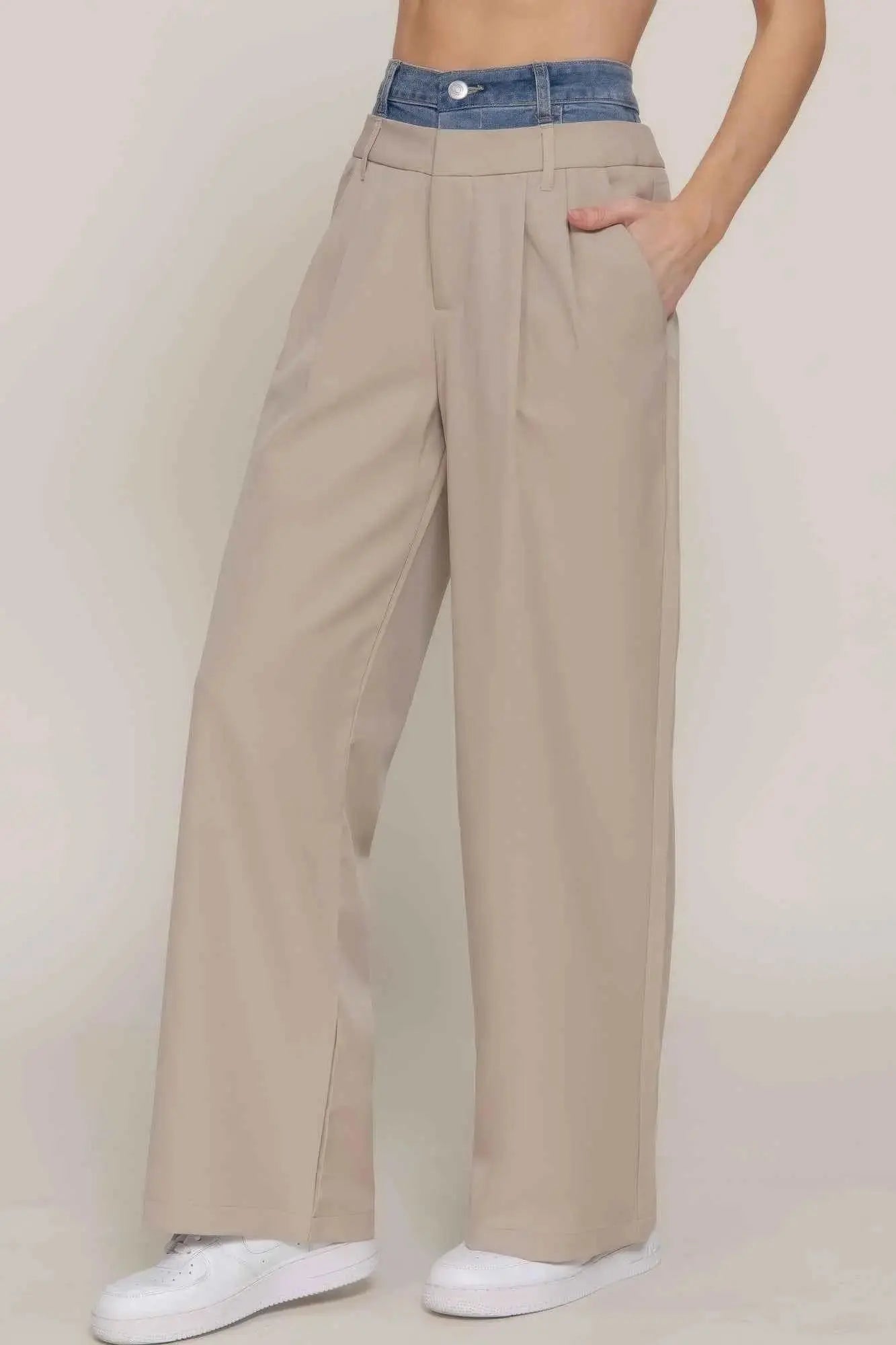 Contrast Denim Waist Straight Long Pants - Mr Lou’s Place