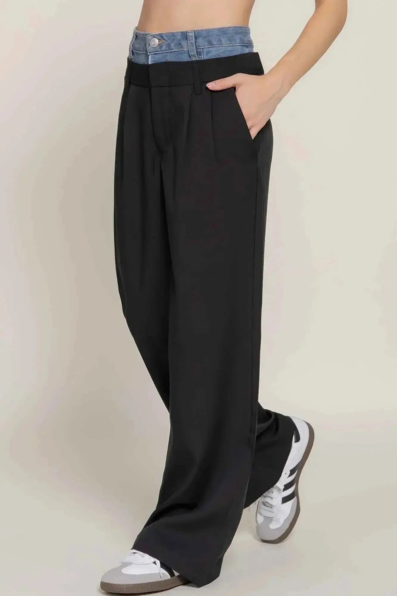 Contrast Denim Waist Straight Long Pants - Mr Lou’s Place