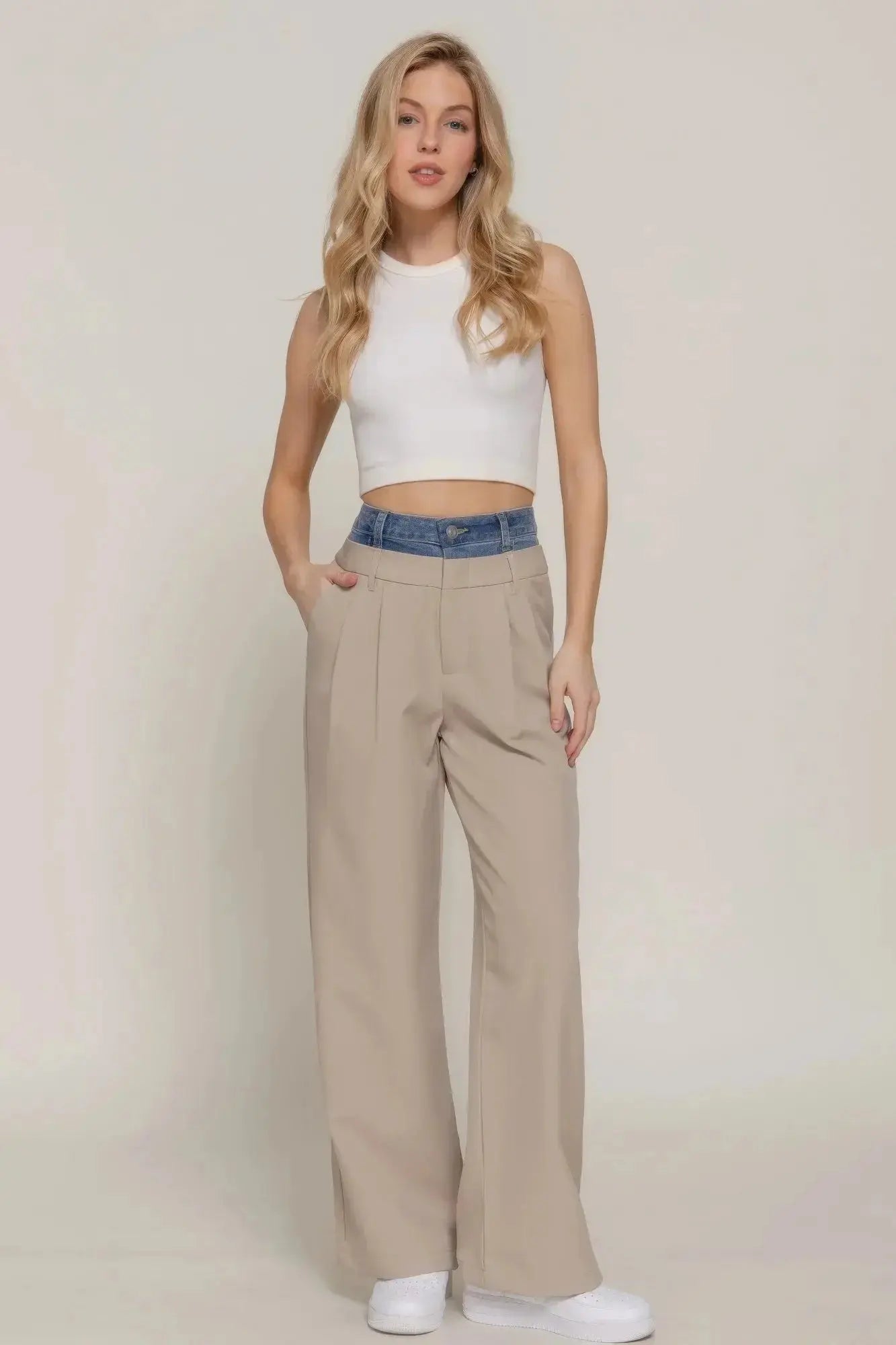 Contrast Denim Waist Straight Long Pants - Mr Lou’s Place