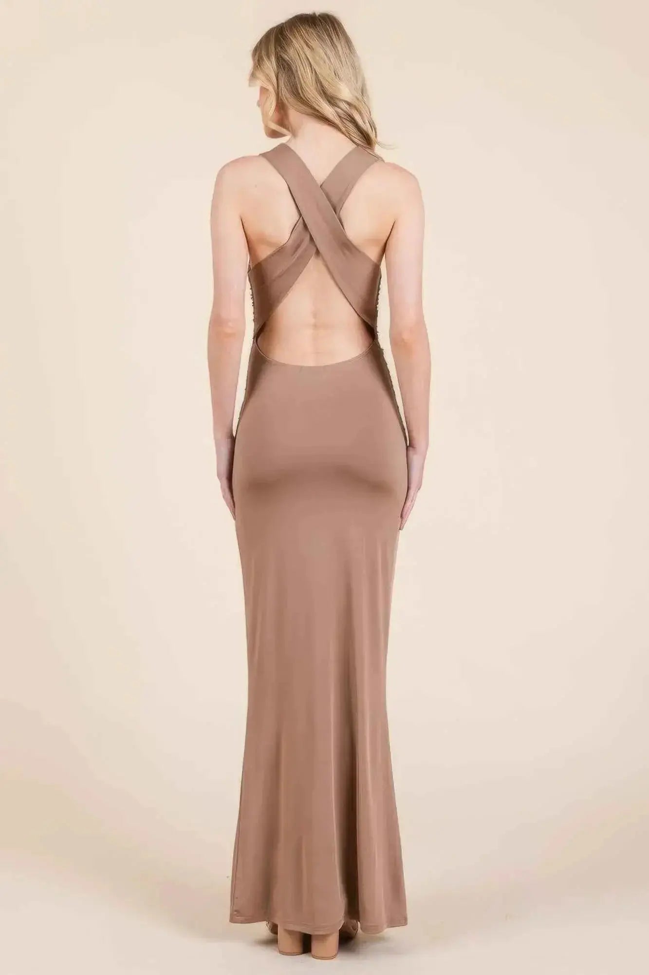 Cowl Neck Cross Back Shirring Maxi Dress - Mr Lou’s Place