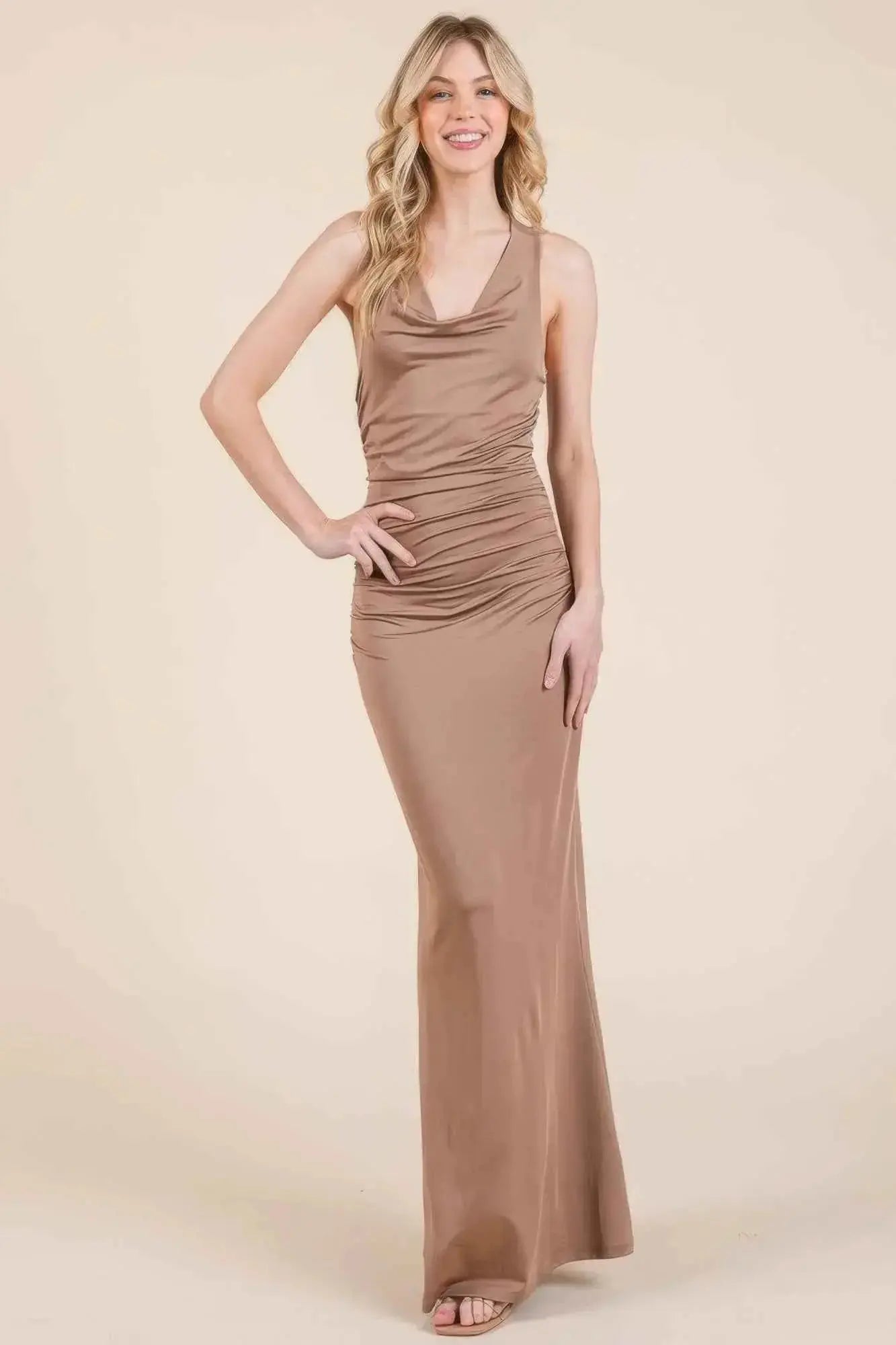 Cowl Neck Cross Back Shirring Maxi Dress - Mr Lou’s Place