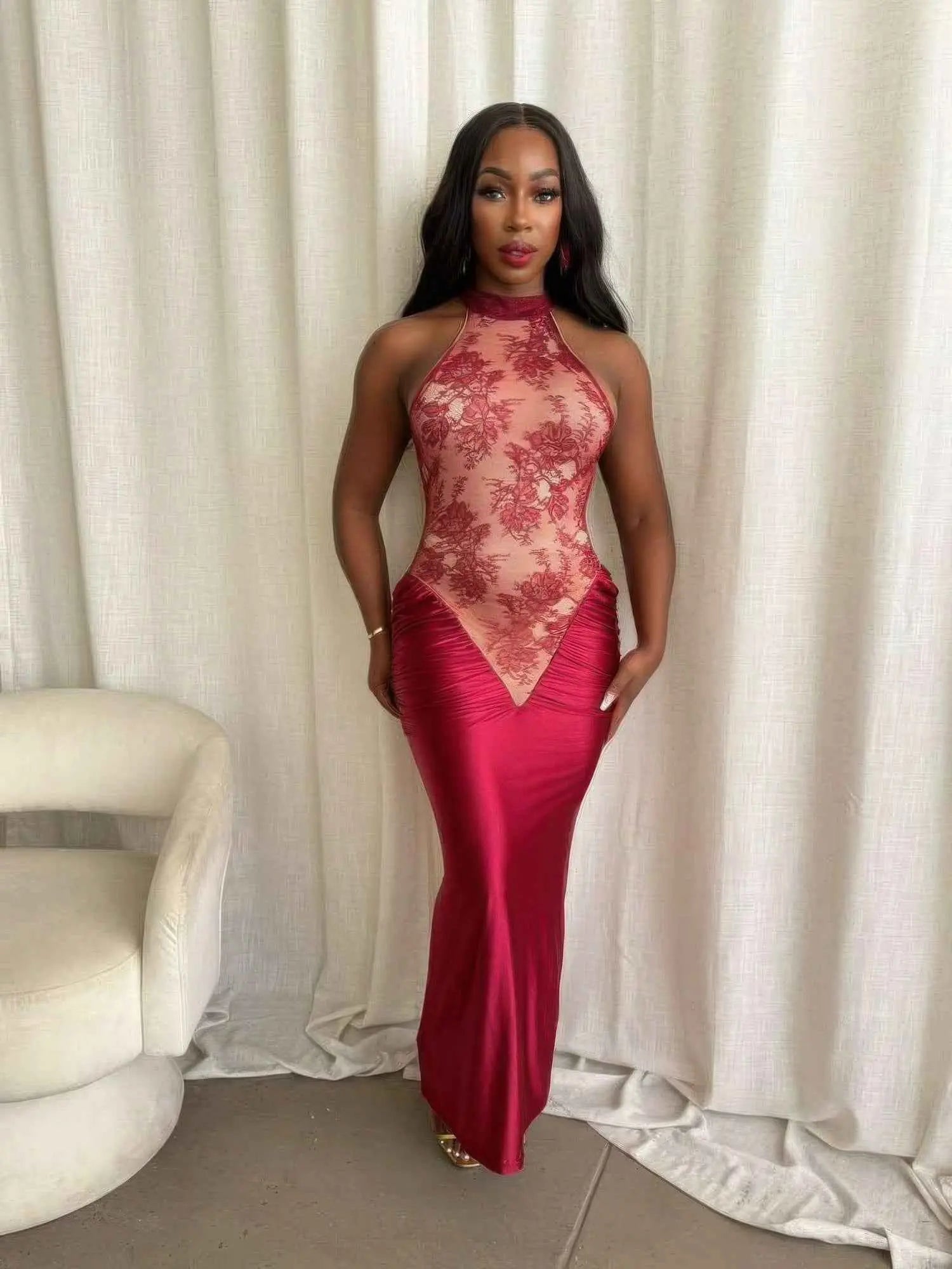 Crimson Lace Hourglass Dress - Mr Lou’s Place