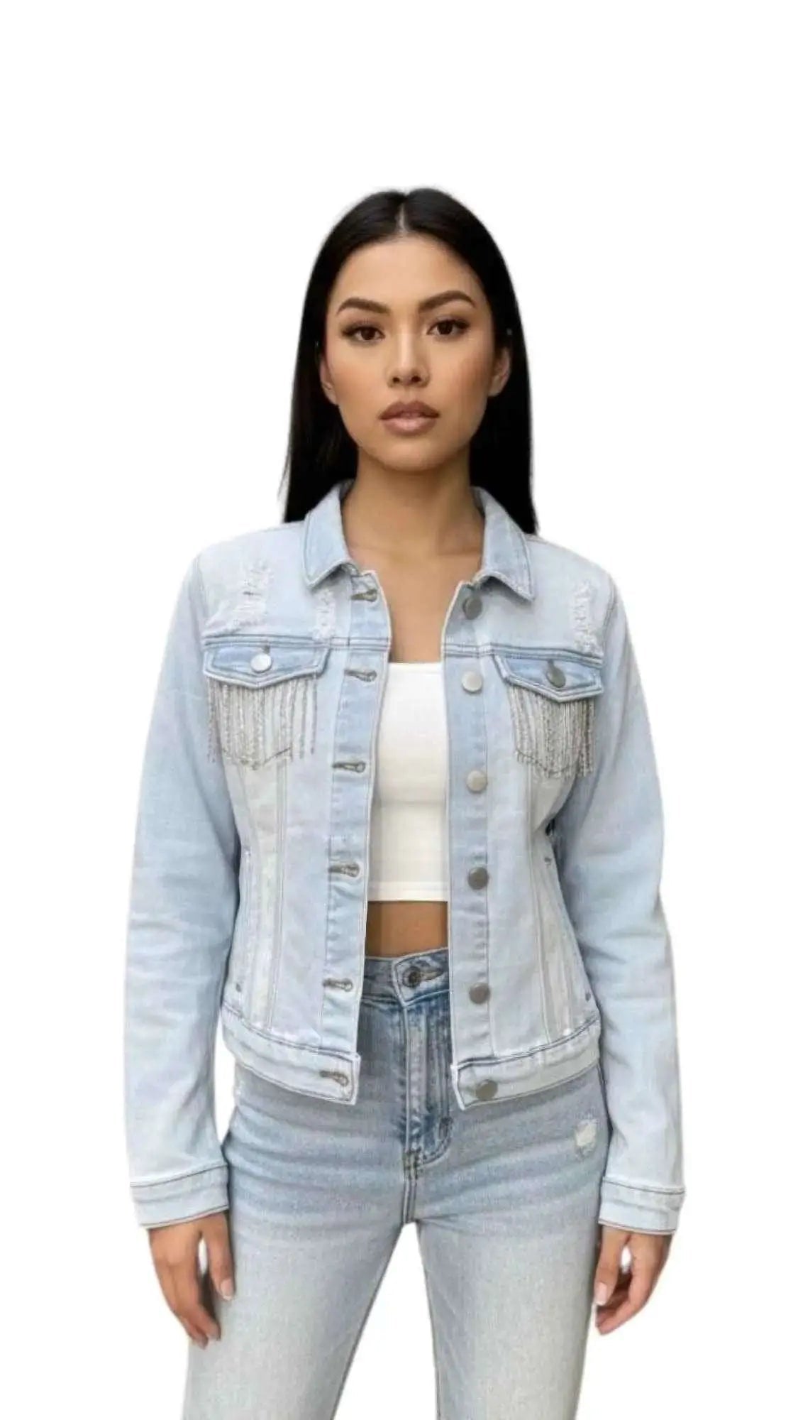 Distressed Jean Jacket With Rhinestone Fringe - Mr Lou’s Place