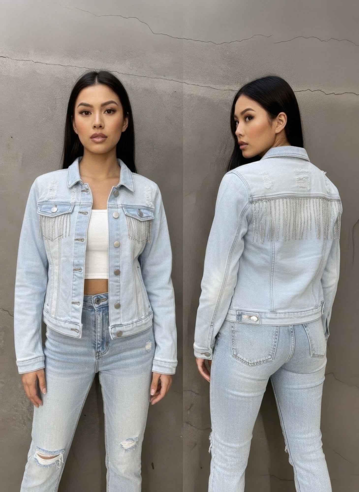 Distressed Jean Jacket With Rhinestone Fringe - Mr Lou’s Place