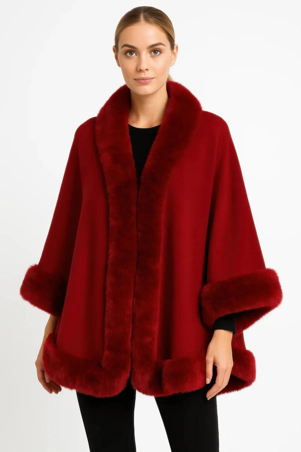 Faux Fur Trim Open-front Cape Jacket - Mr Lou’s Place