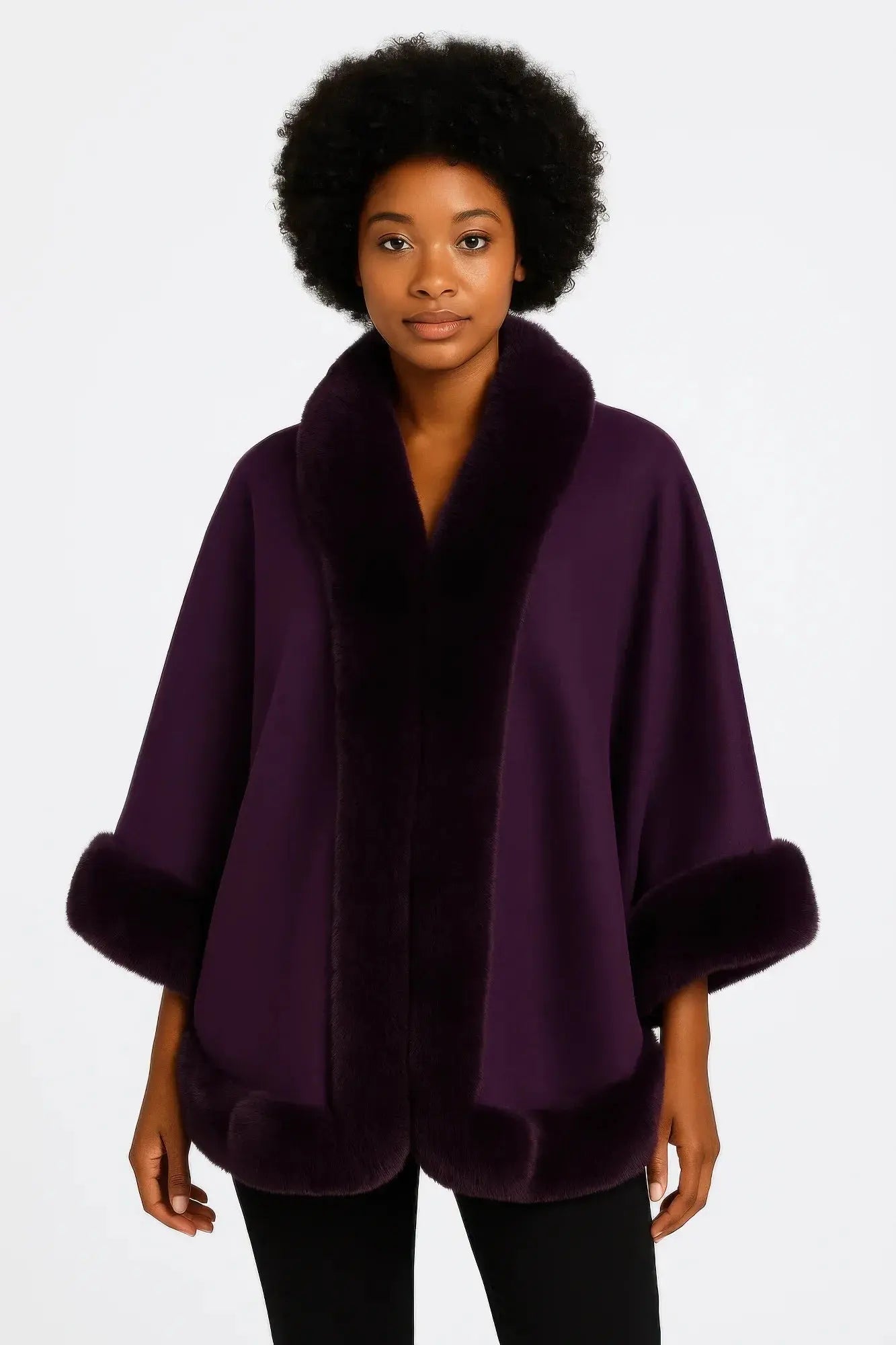 Faux Fur Trim Open-front Cape Jacket - Mr Lou’s Place