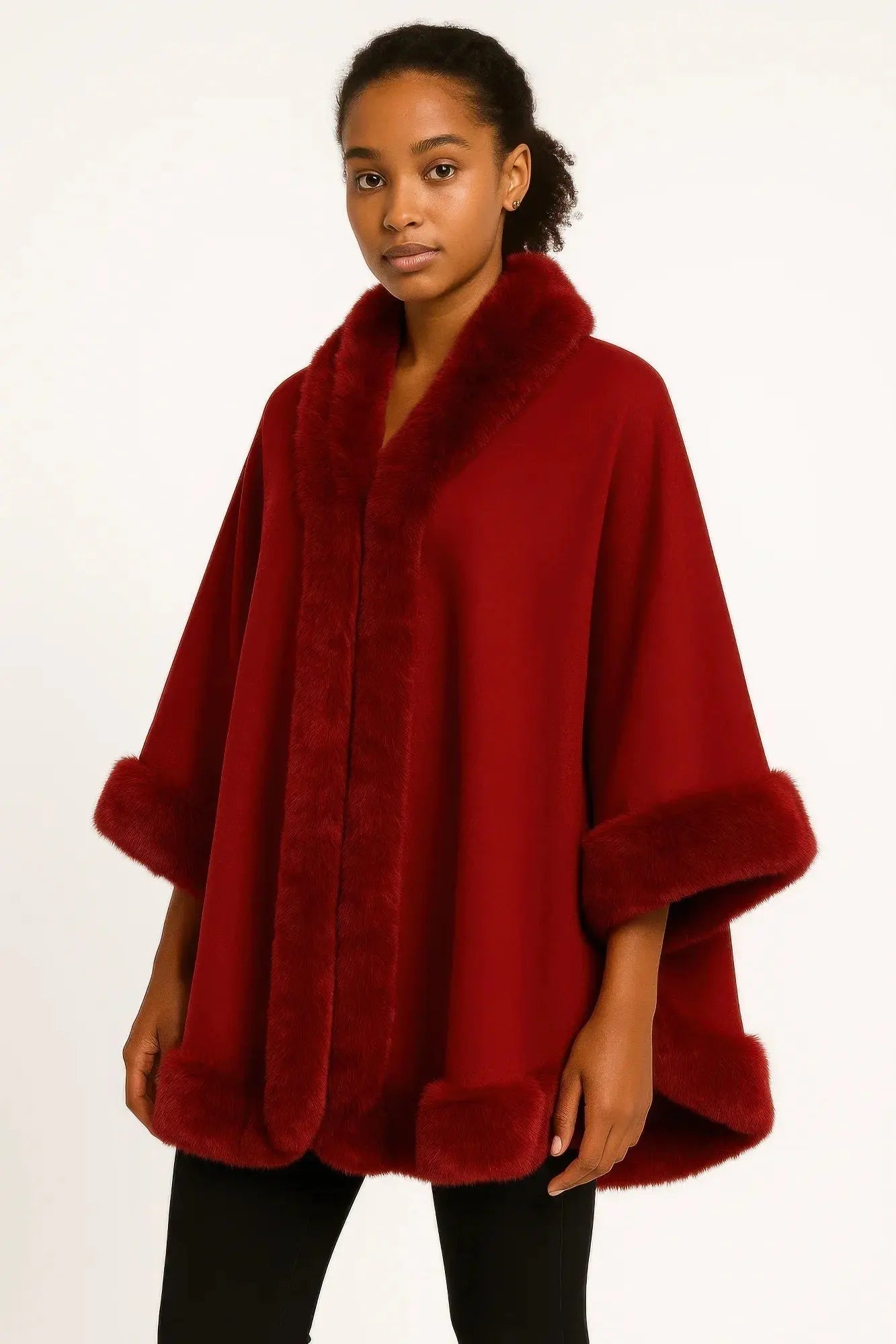 Faux Fur Trim Open-front Cape Jacket - Mr Lou’s Place