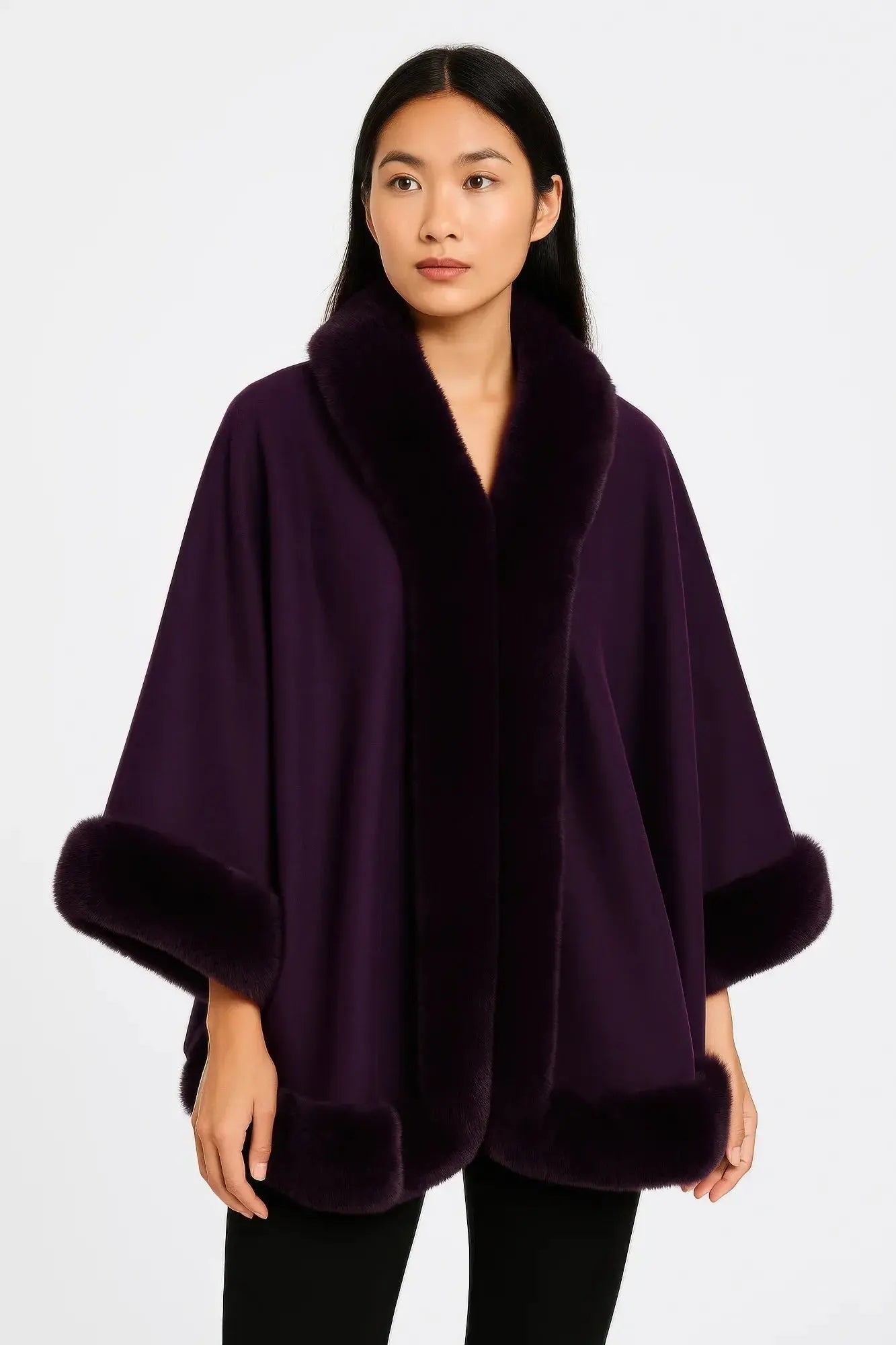 Faux Fur Trim Open-front Cape Jacket - Mr Lou’s Place
