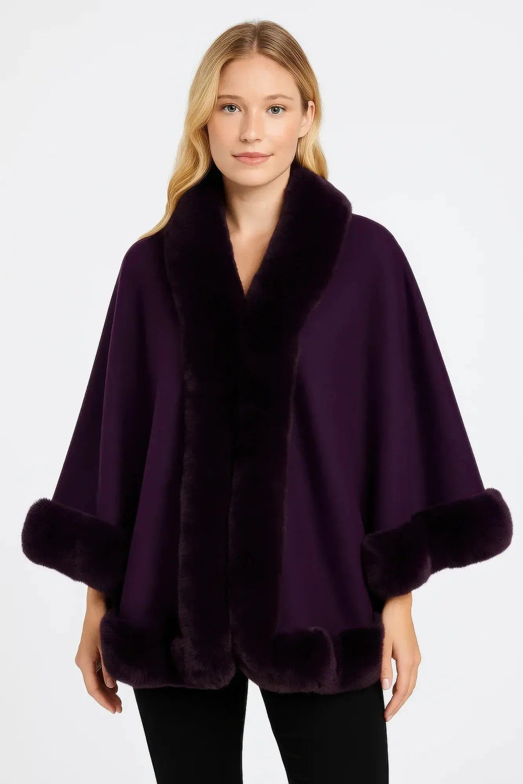 Faux Fur Trim Open-front Cape Jacket - Mr Lou’s Place