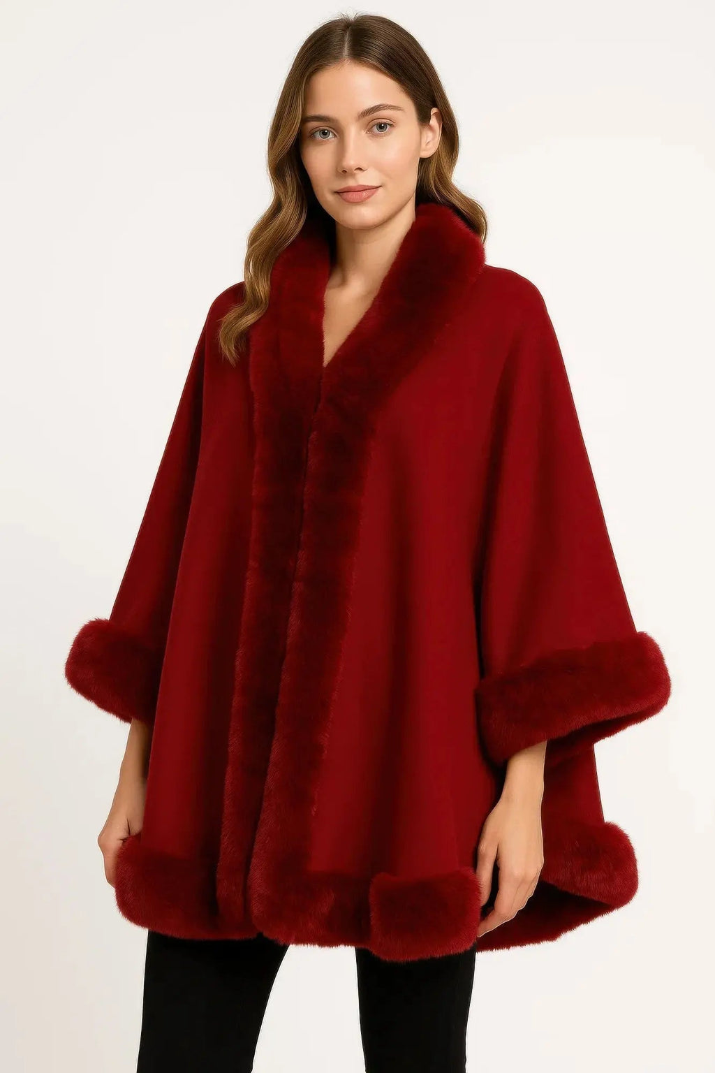 Faux Fur Trim Open-front Cape Jacket - Mr Lou’s Place