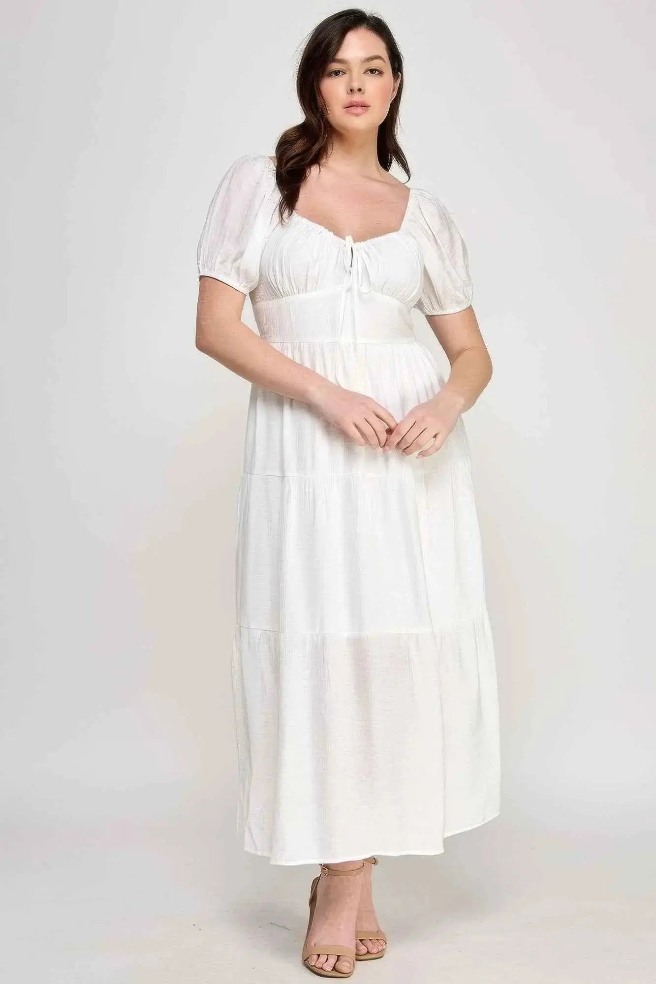 Front Tie Puff Sleeve Tired Maxi Dress - Mr Lou’s Place