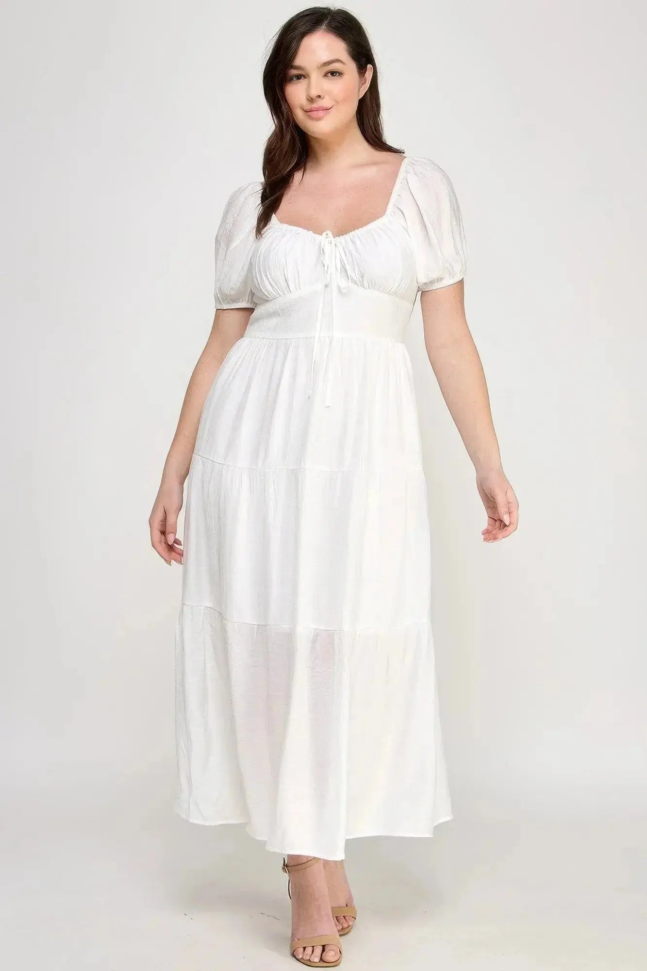 Front Tie Puff Sleeve Tired Maxi Dress - Mr Lou’s Place