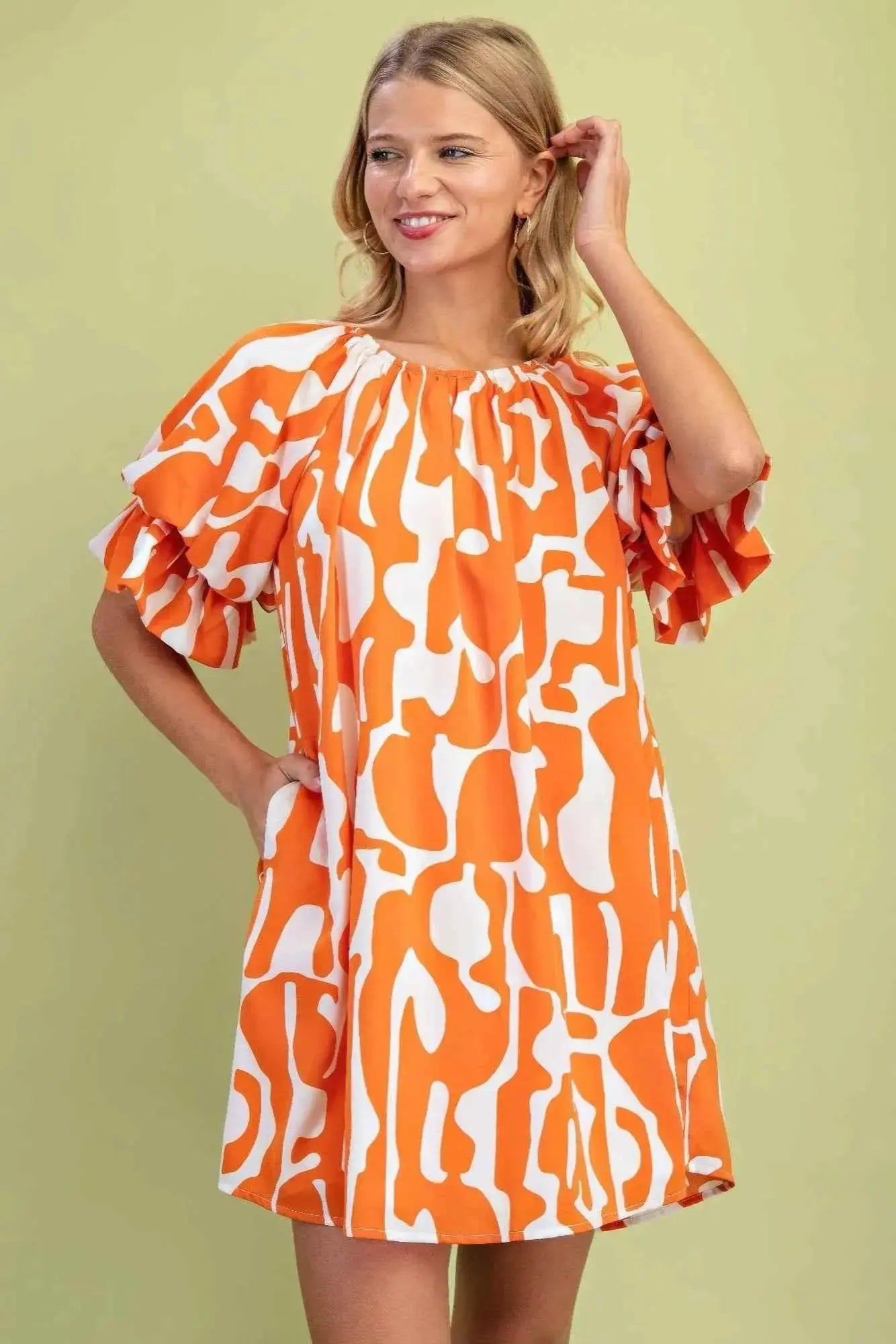 Geometric Print Loose Fit Mini Dress With Gathered Balloon Sleeves - Mr Lou’s Place
