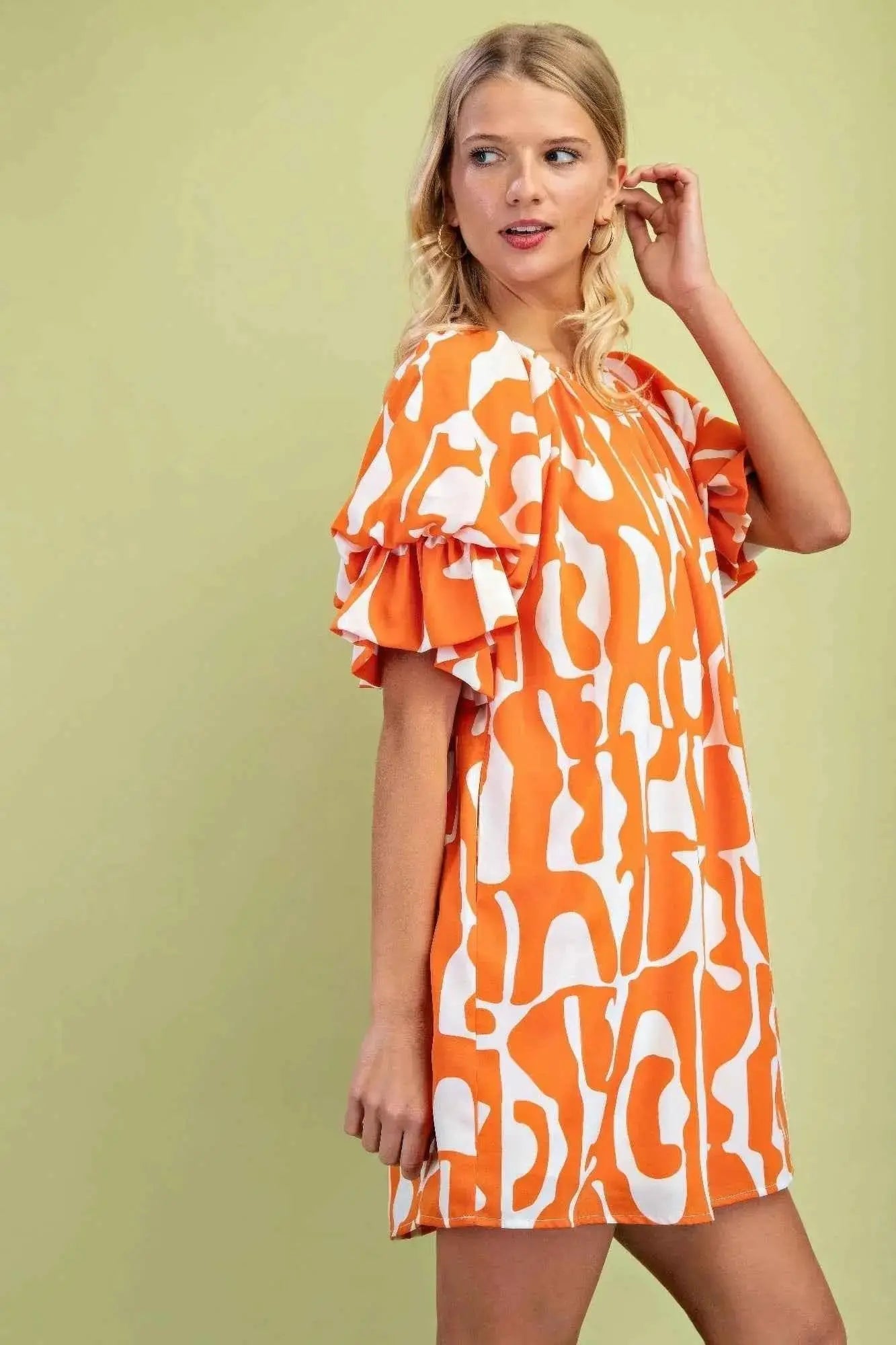 Geometric Print Loose Fit Mini Dress With Gathered Balloon Sleeves - Mr Lou’s Place
