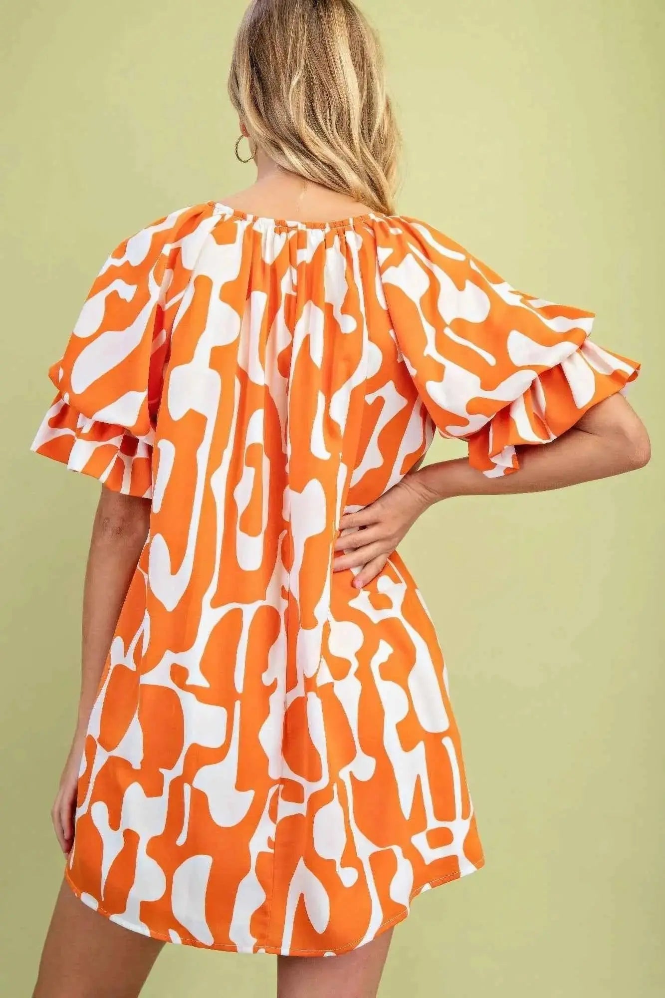 Geometric Print Loose Fit Mini Dress With Gathered Balloon Sleeves - Mr Lou’s Place