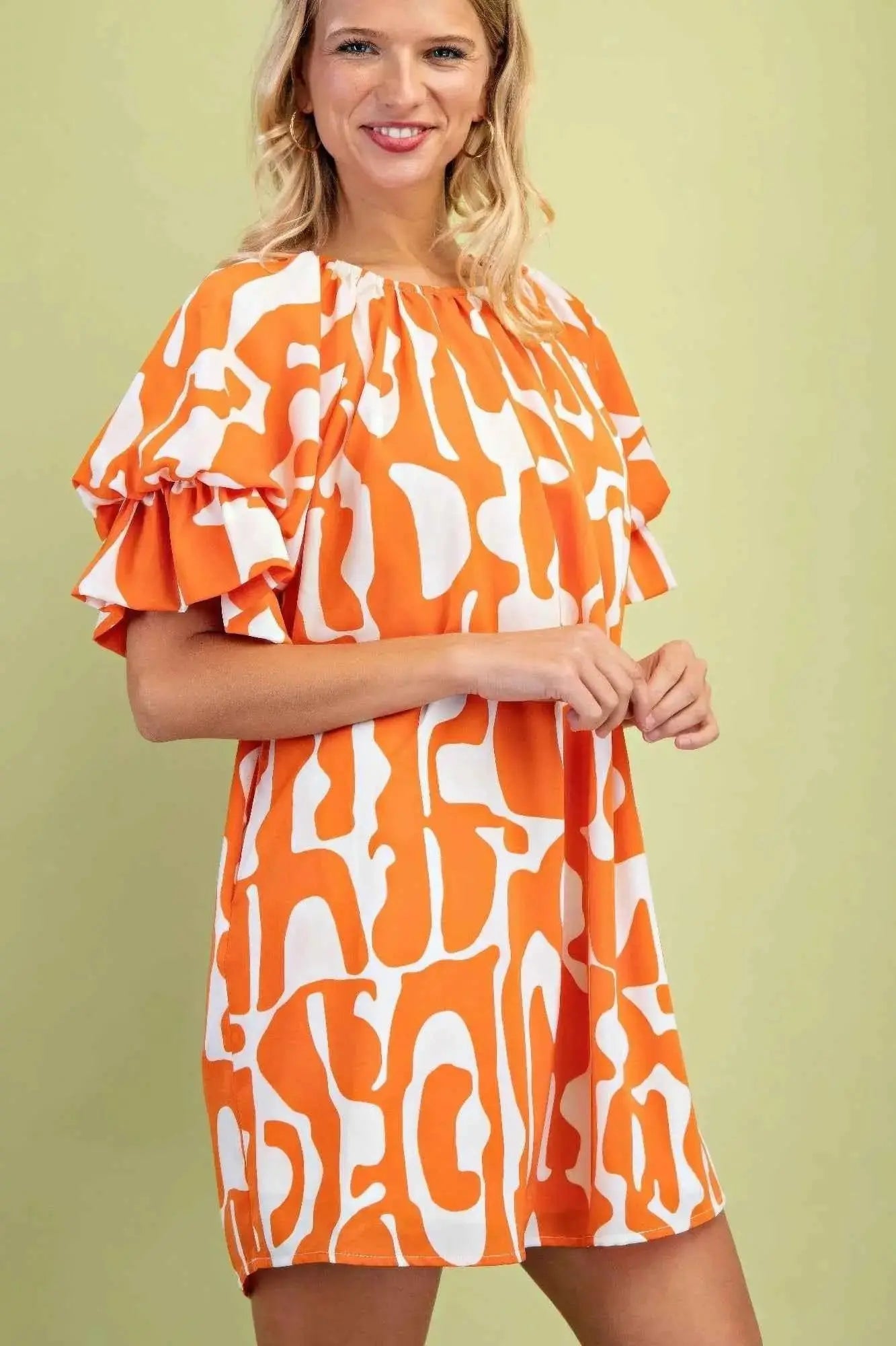 Geometric Print Loose Fit Mini Dress With Gathered Balloon Sleeves - Mr Lou’s Place