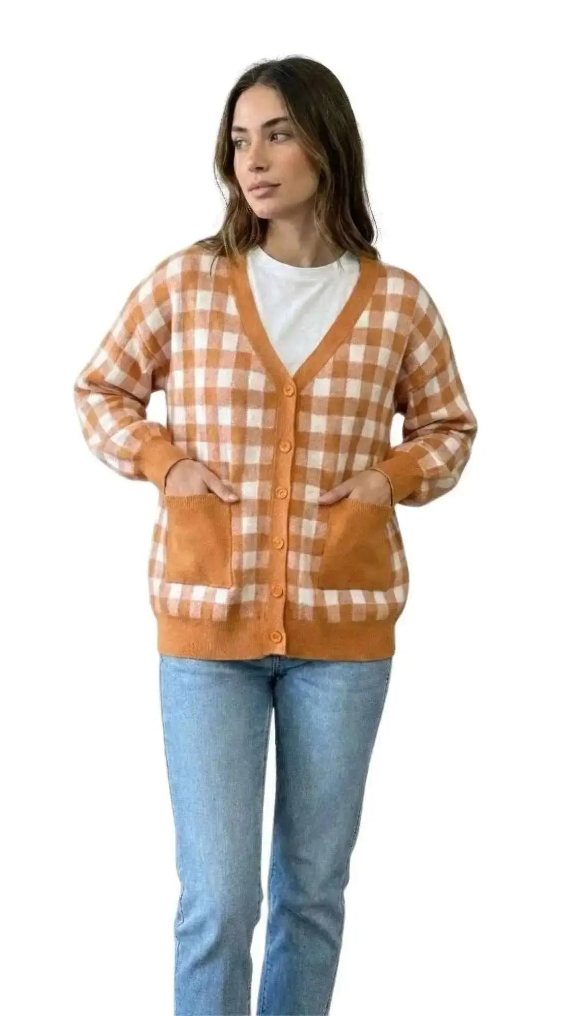 Gingham Cardigan Women's With V Neck And Pockets - Mr Lou’s Place