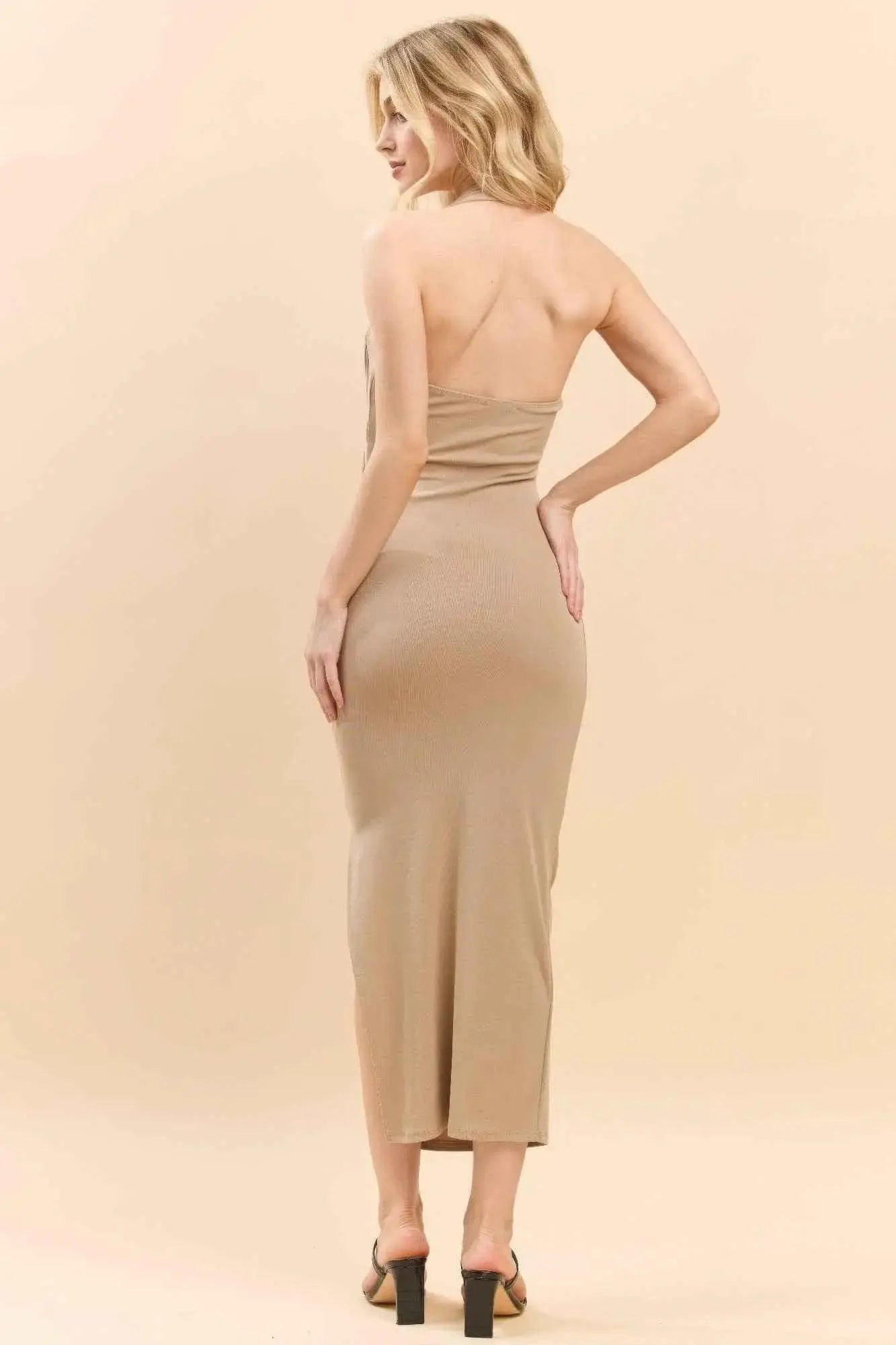 Halter Neck Ruched Asymeettrical Side Slit Dress - Mr Lou’s Place