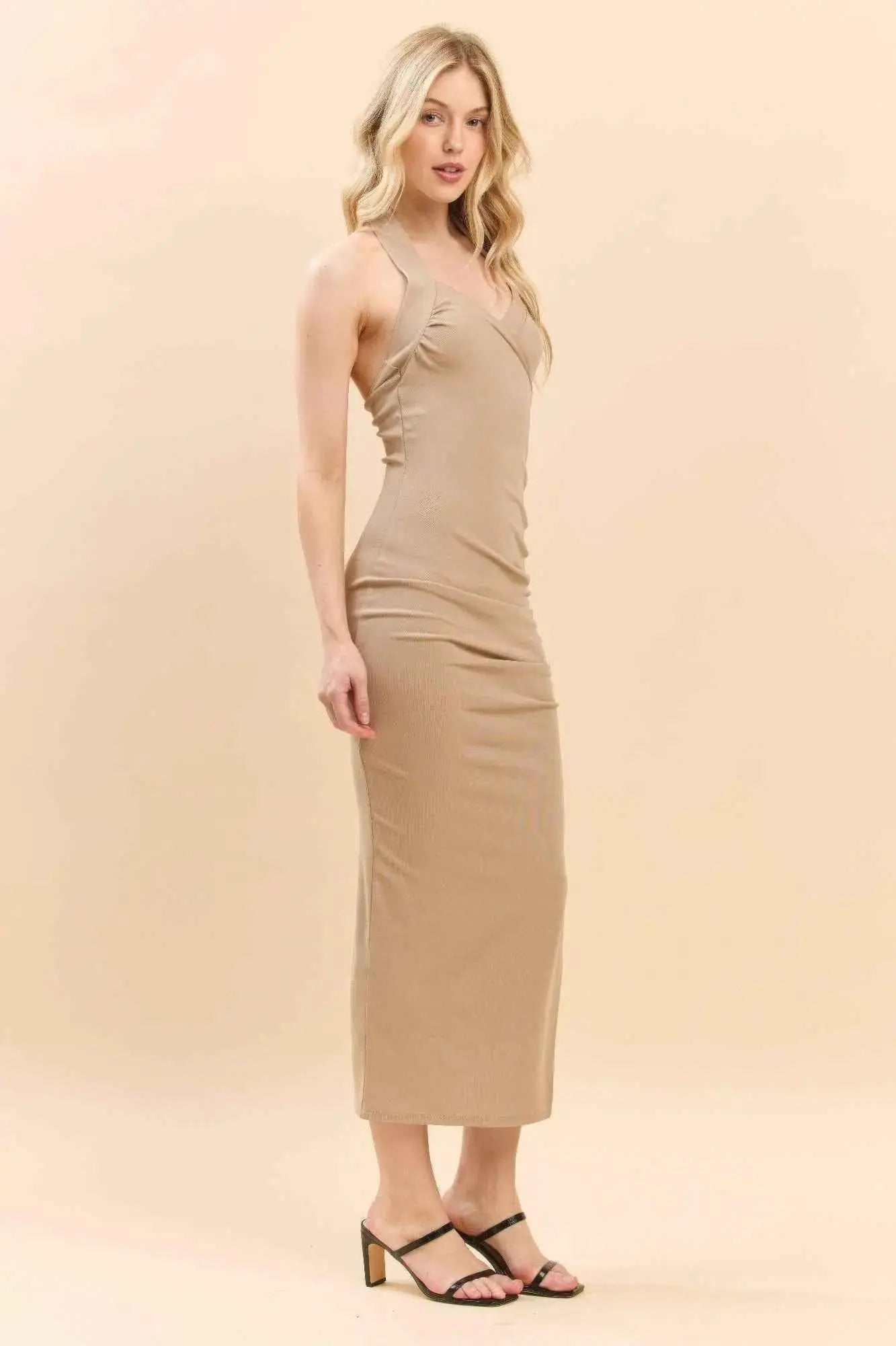Halter Neck Ruched Asymeettrical Side Slit Dress - Mr Lou’s Place
