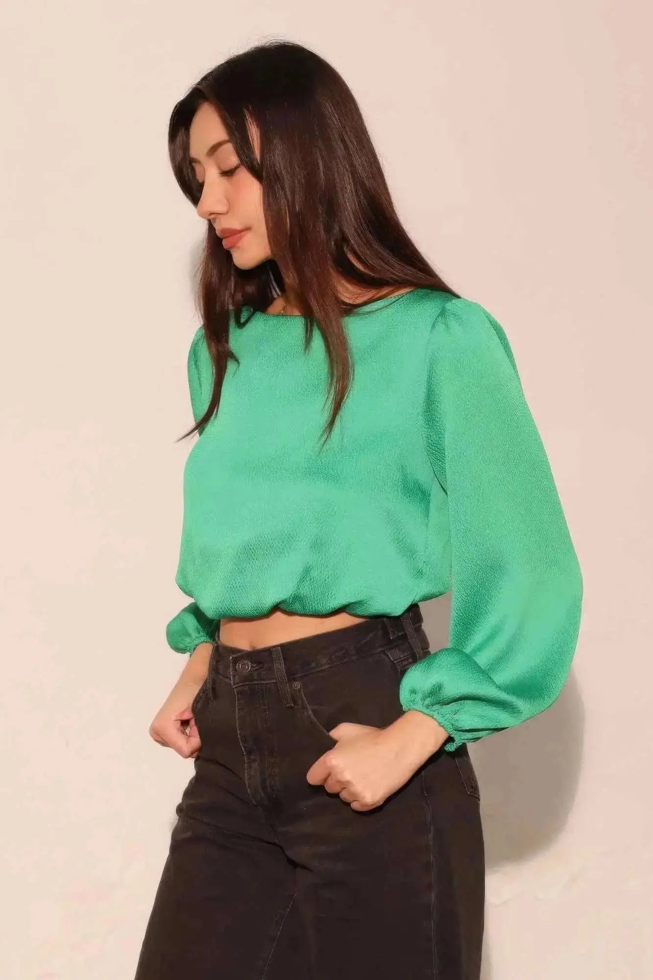 Hammered Satin Long Sleeve Crop Top - Mr Lou’s Place