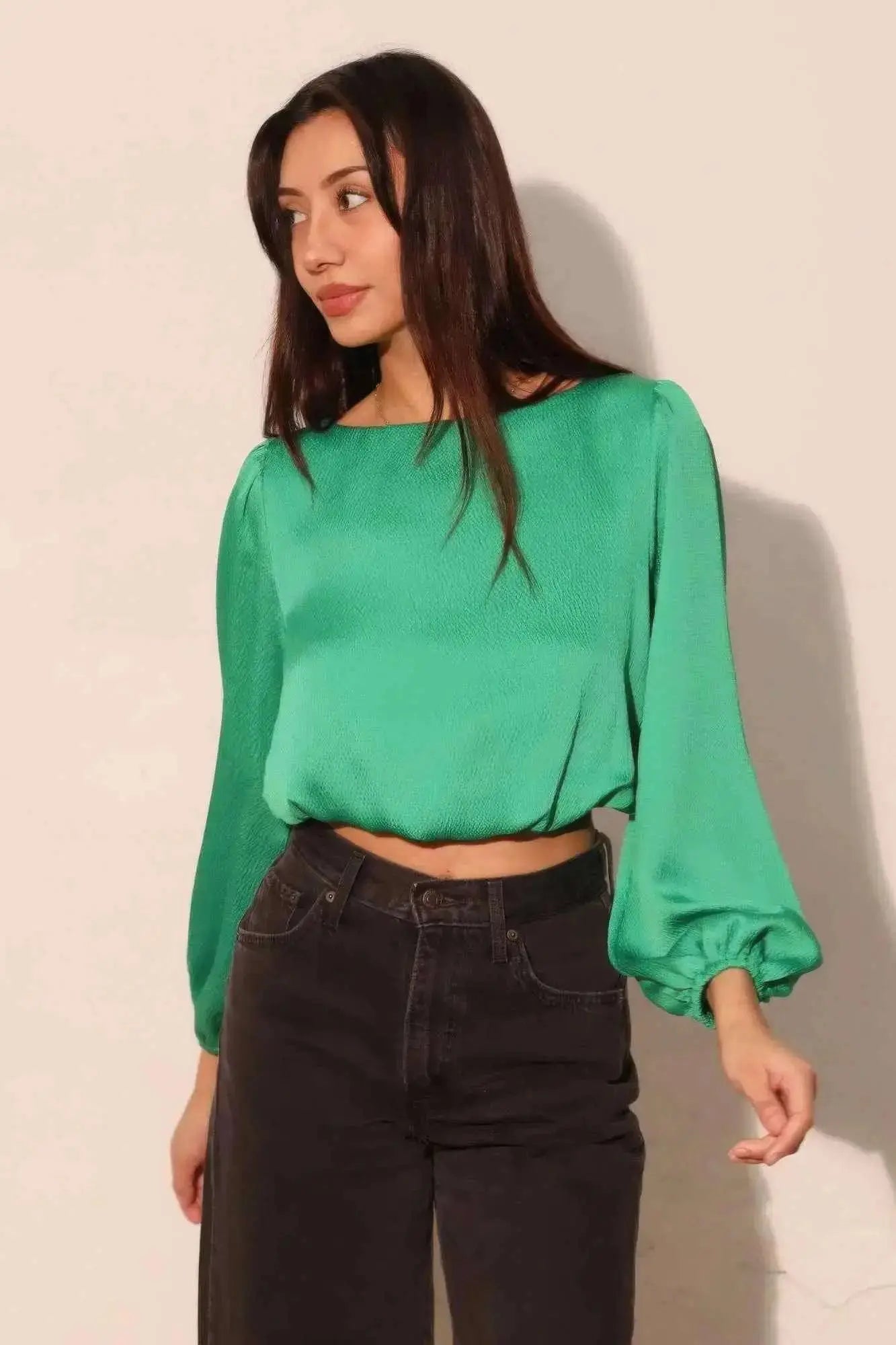 Hammered Satin Long Sleeve Crop Top - Mr Lou’s Place