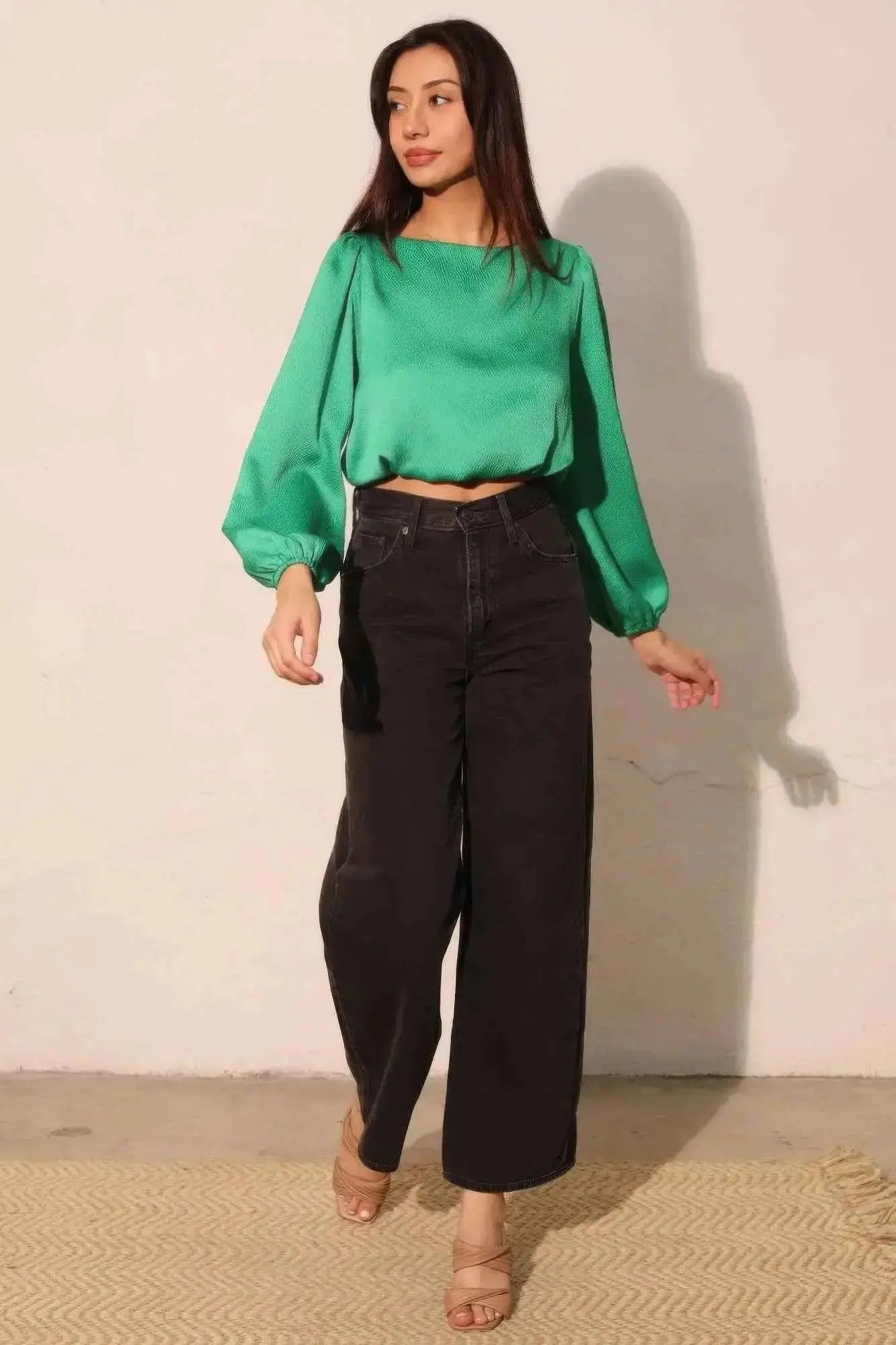 Hammered Satin Long Sleeve Crop Top - Mr Lou’s Place