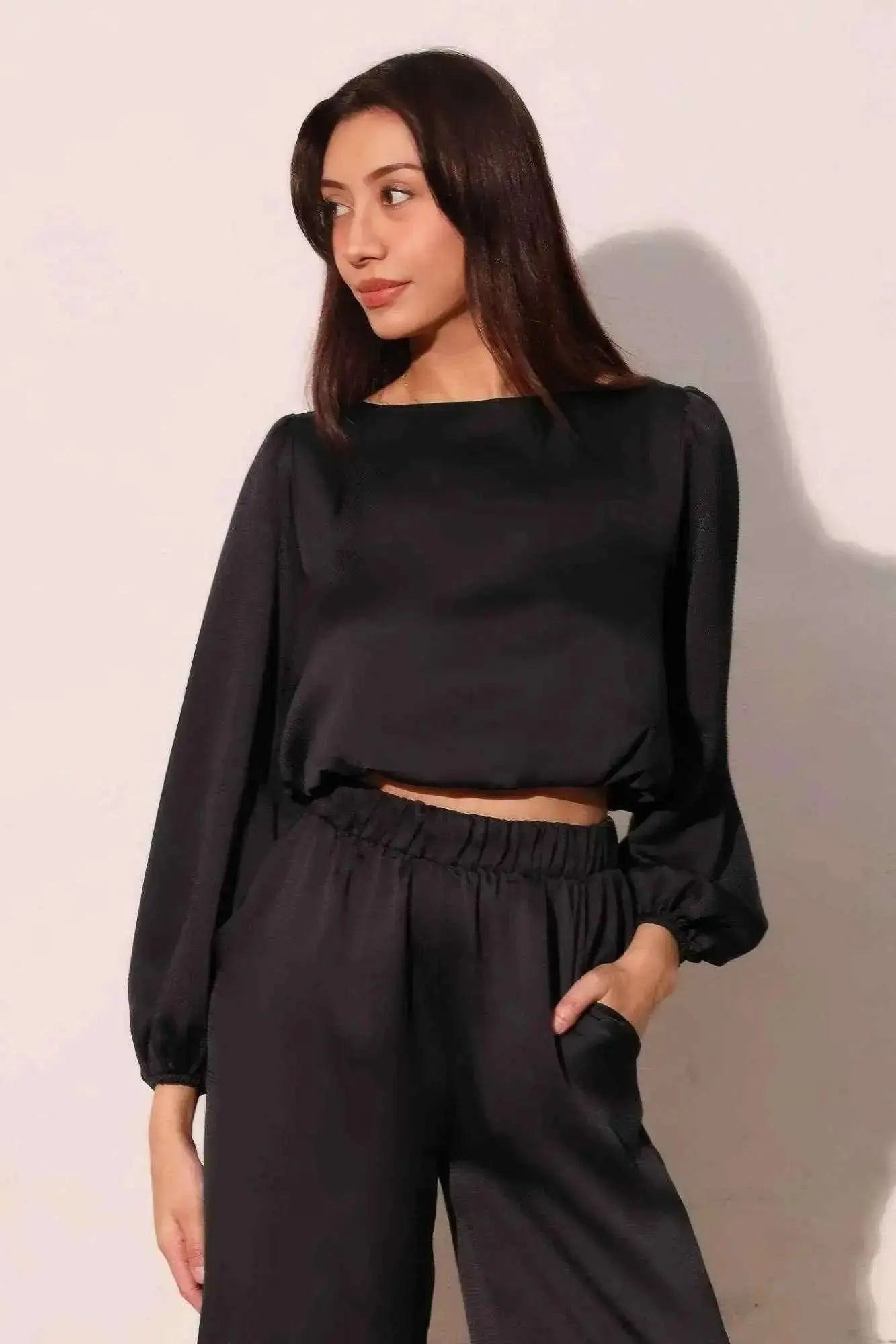 Hammered Satin Long Sleeve Crop Top - Mr Lou’s Place
