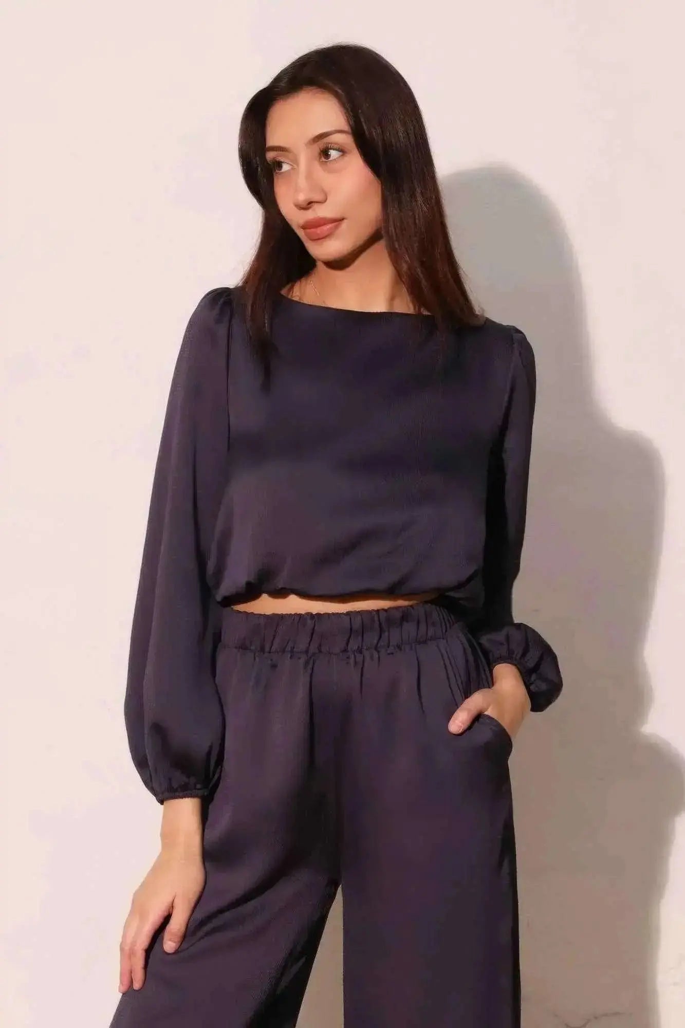 Hammered Satin Long Sleeve Crop Top - Mr Lou’s Place