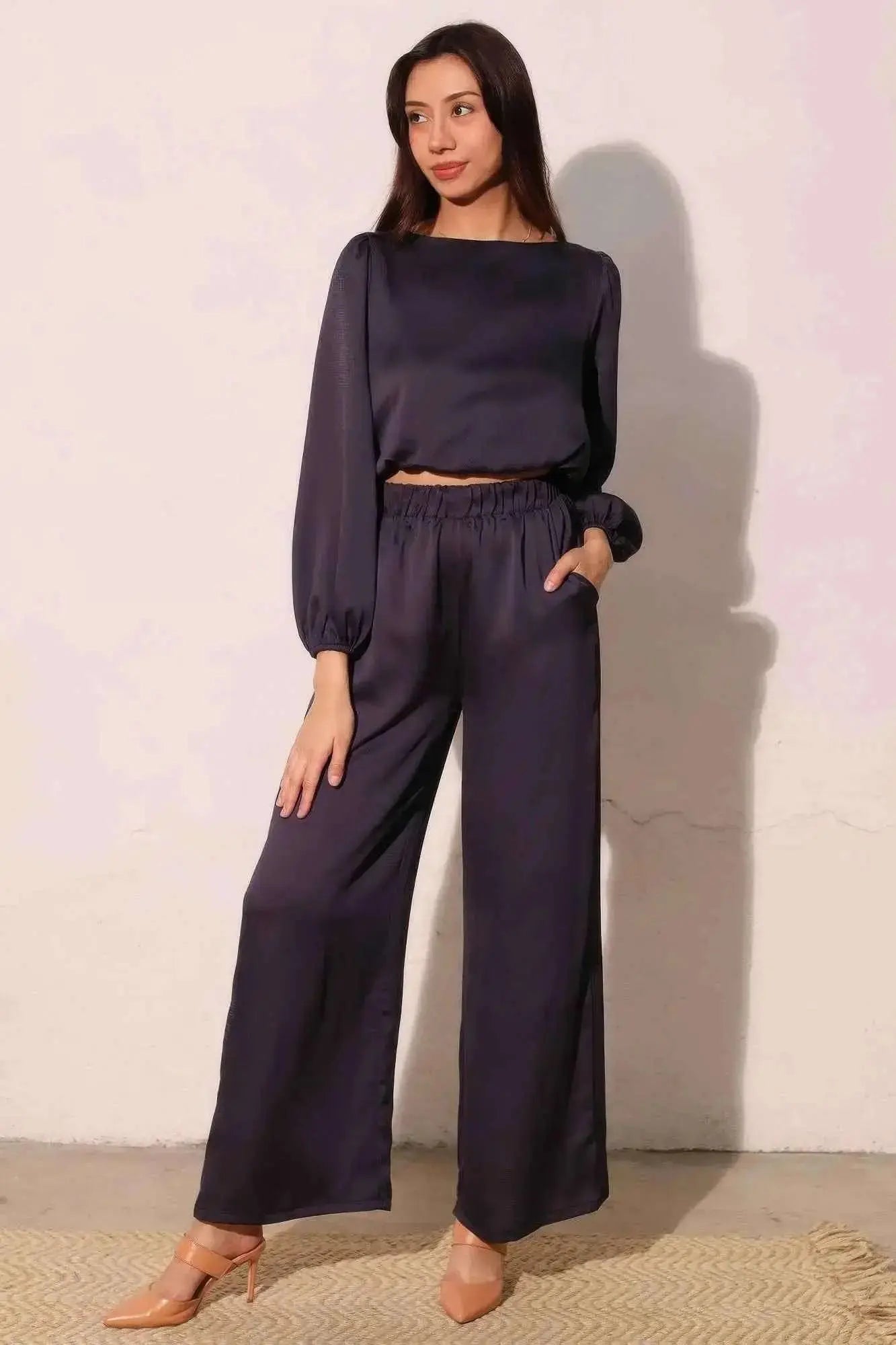 Hammered Satin Long Sleeve Crop Top - Mr Lou’s Place