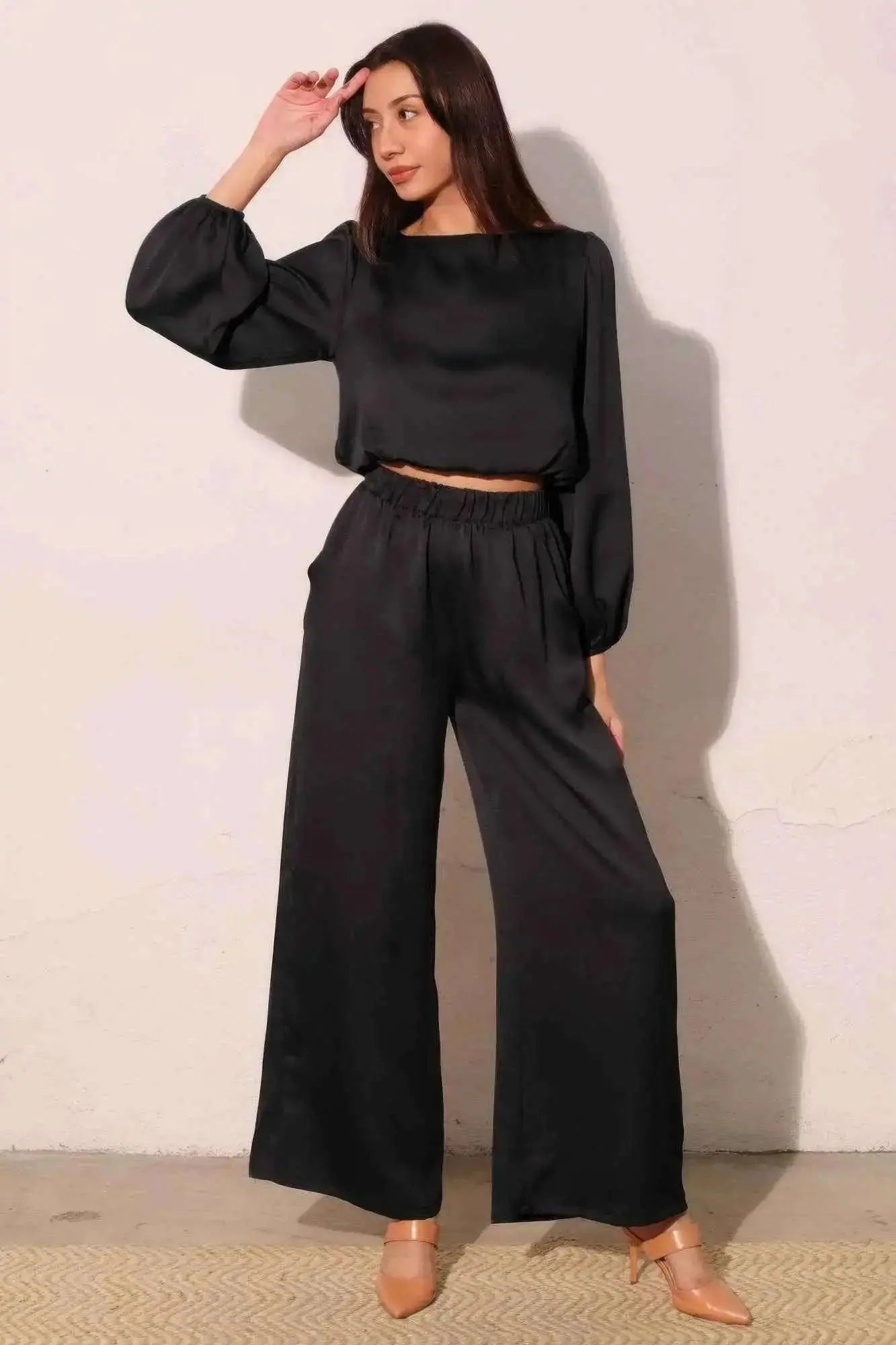 Hammered Satin Long Sleeve Crop Top - Mr Lou’s Place